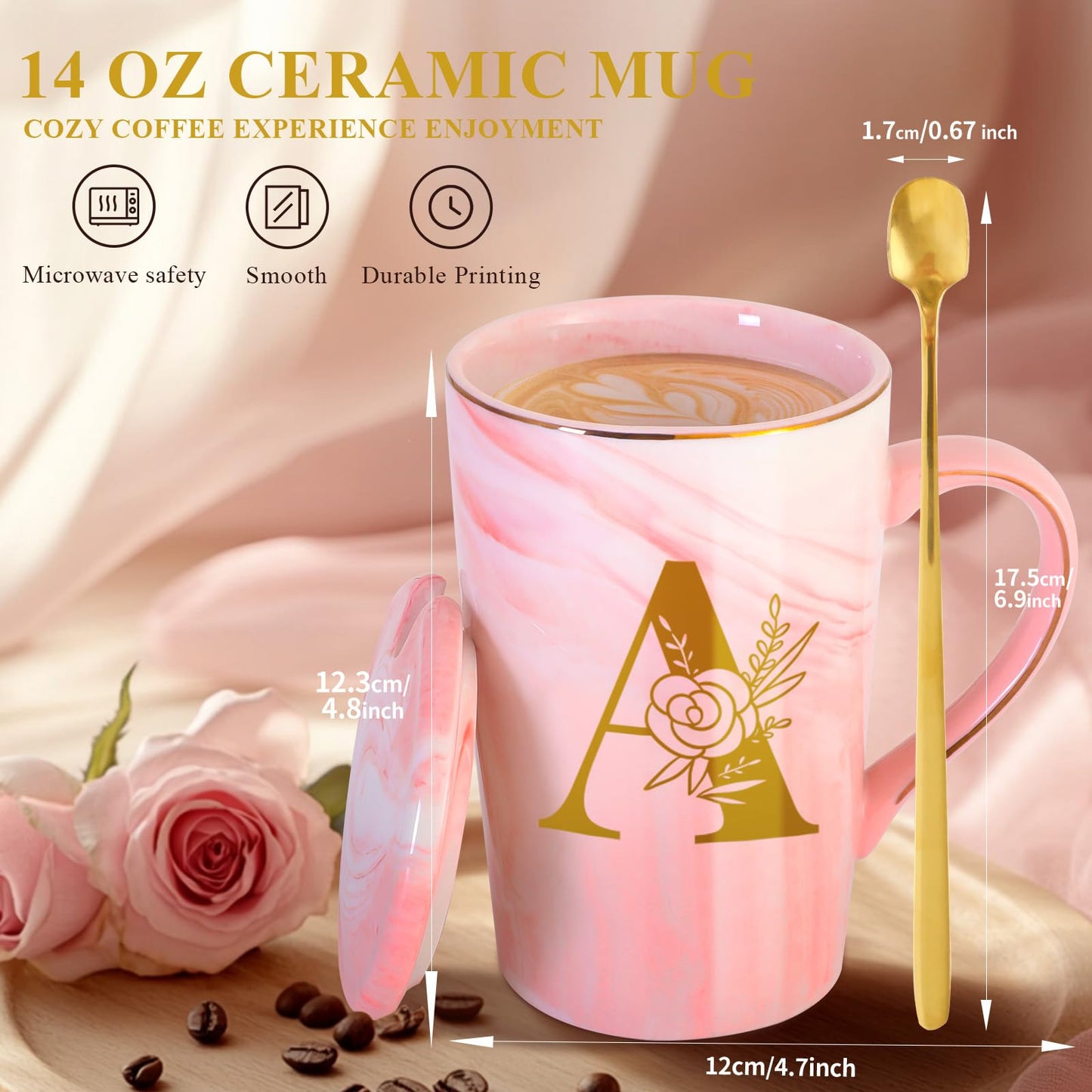 Personalized Ceramic Women Coffee Mug Tea Cup with Lid Heavy Pretty Large Pink Customized Cool Cute Women Birthday Christmas Gift for Her Wife Mother Day Grandma Girlfriend Friend Friendship Unique,A