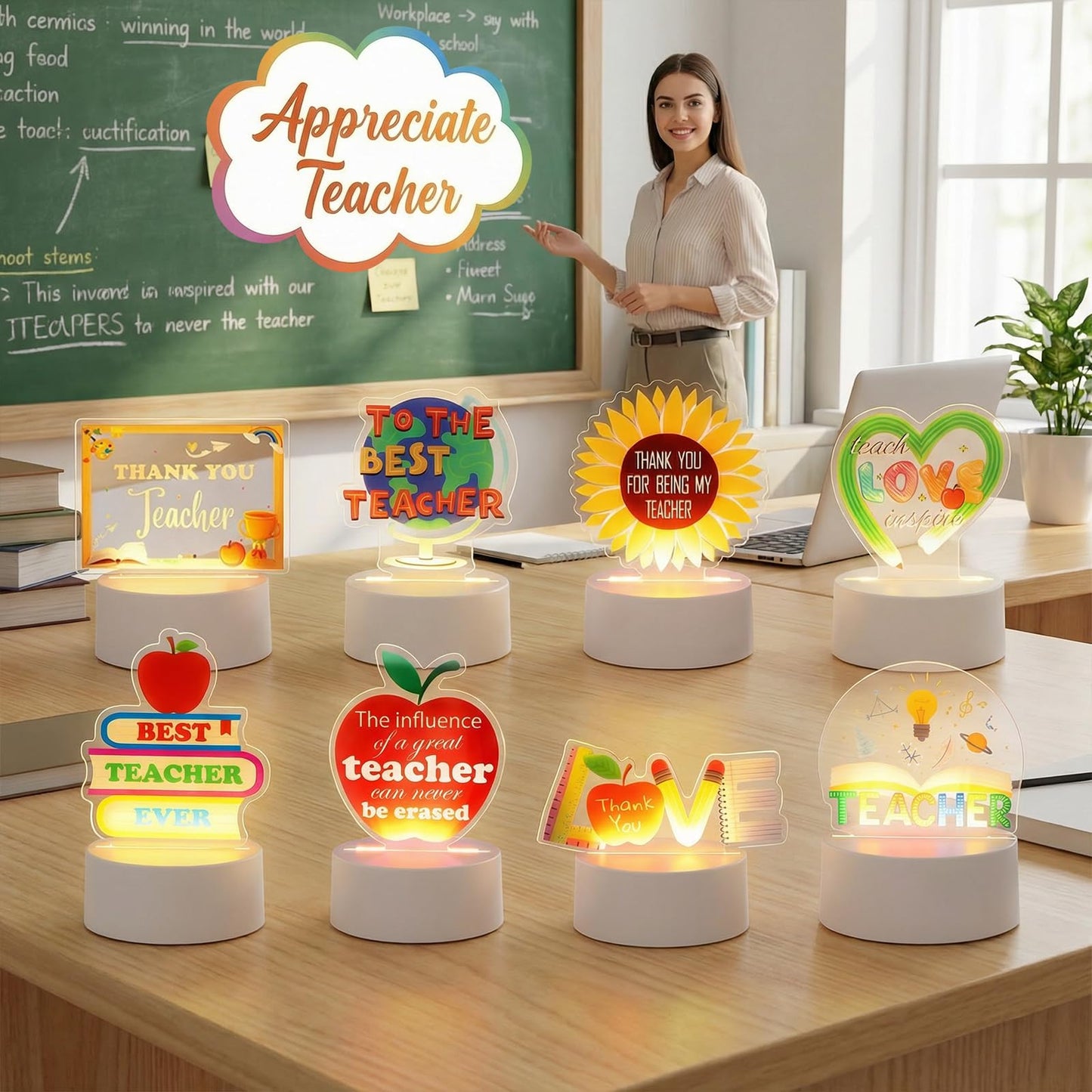 8 Set/24 Pcs Teacher Appreciation Gifts Bulk, Acrylic Night Light Light up Engraved Table Sign Graduation Farewell Thank You Teacher Gifts for Desk Decor Night Lamp with Thank You Cards Bags