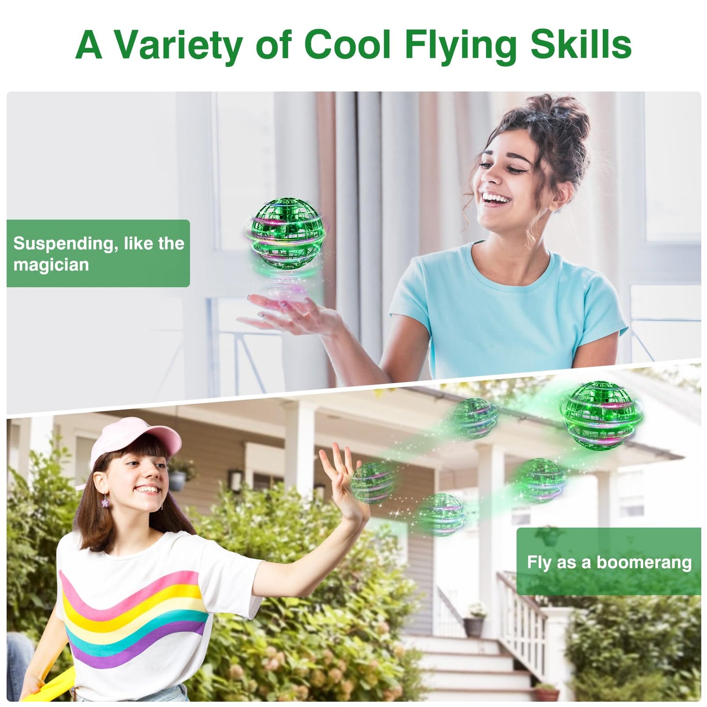 Ciniffo Flying Orb Ball 2025, Hand Controlled Boomerang Spinner Mini Drone Cosmic Globe Toy, Cool Toys Gift for 6 7 8 9 10+ Year Old Boys Girls Teens Outdoor Toys(Green)