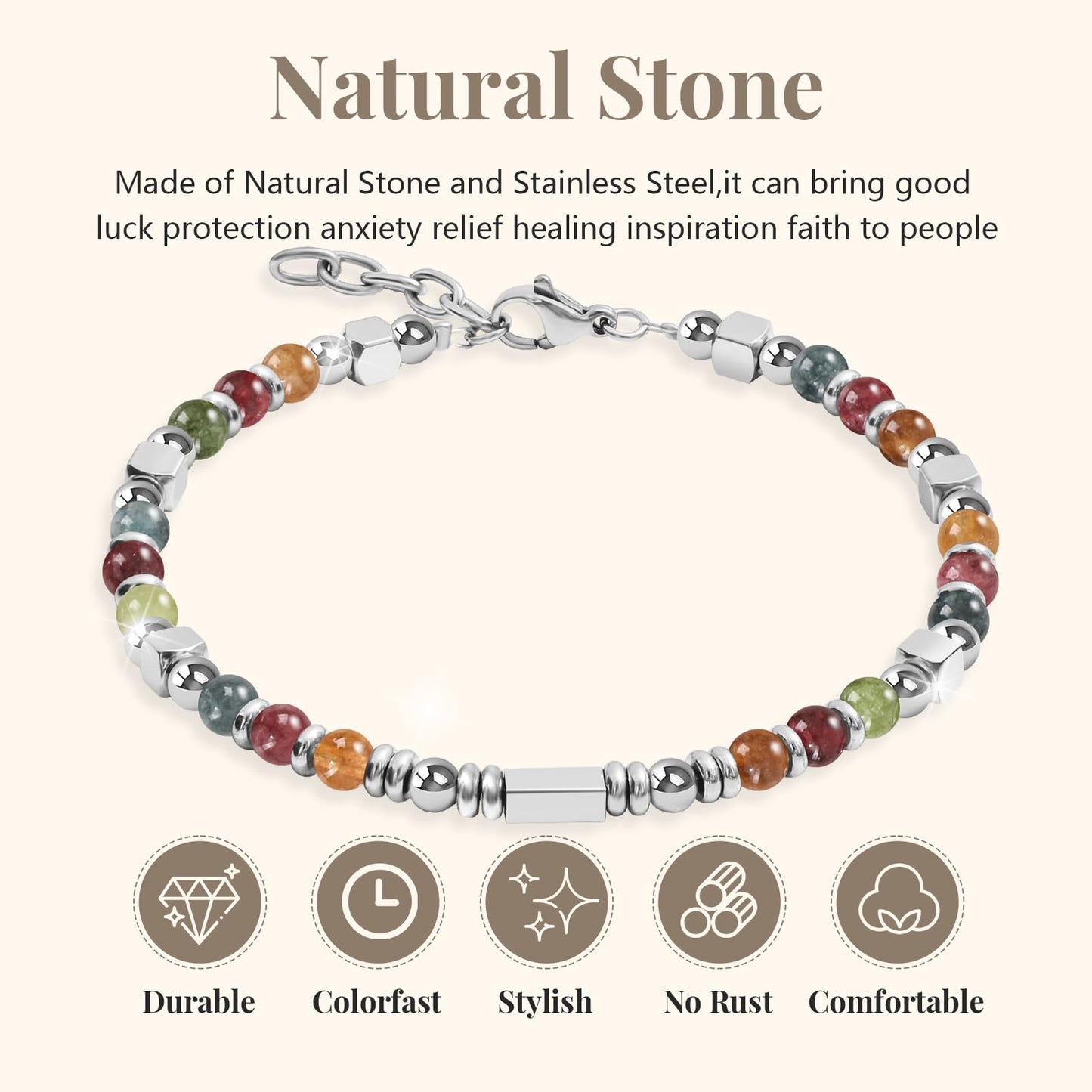 Stainless Steel Stone Adjustable Boho Stackable Womens Beaded Bracelets for Women Trendy Jewelry Stack Cute Health Dainty Waterproof Woman Ladies Colorful Bangle Women's Silver Link Bracelets for Women Non Tarnish A Bohemian Charm Silver Bead Bracelet for