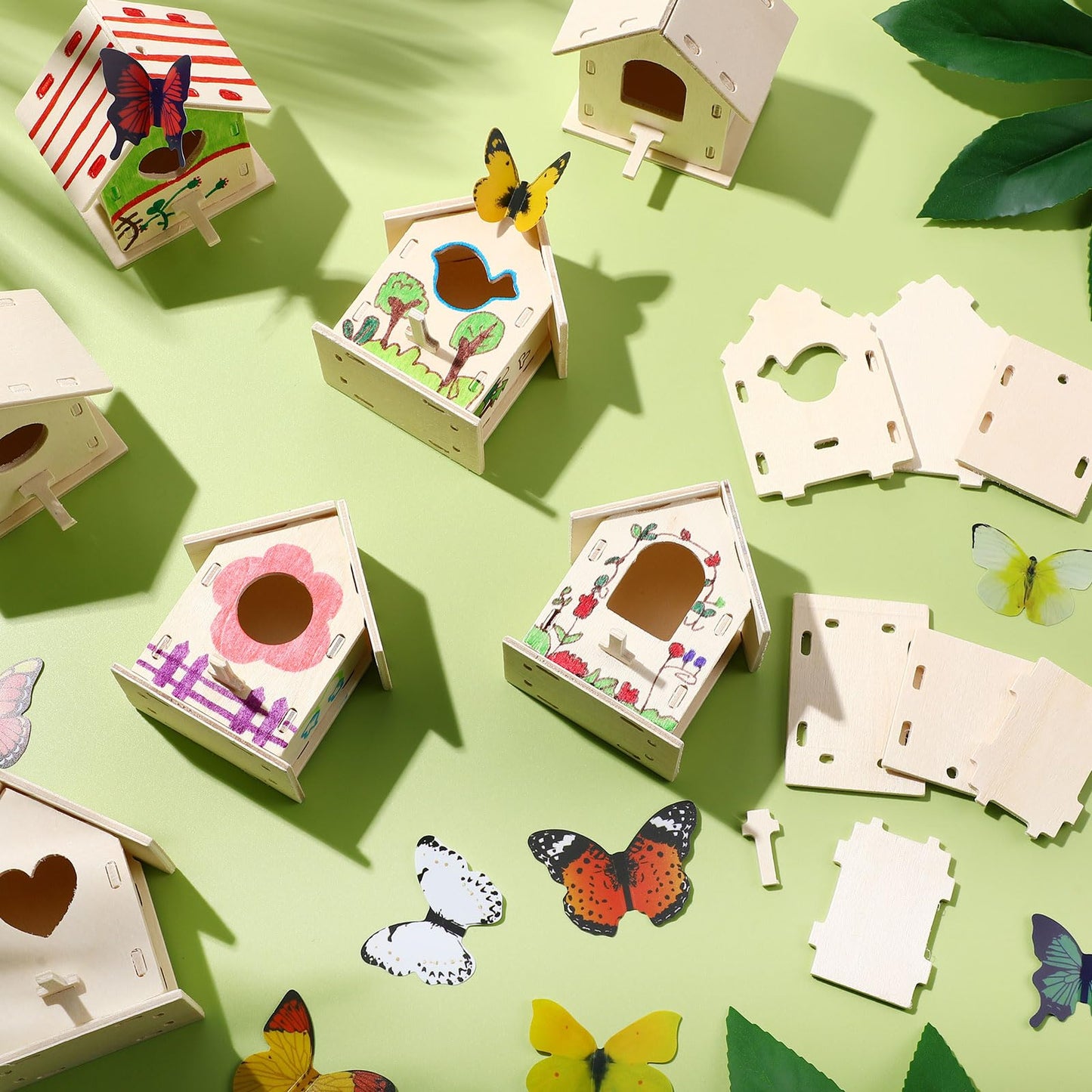 Outus 24 Pcs Wooden DIY Birdhouse Kits for Kids to Build, 4 Shapes Birdhouse Kit Wooden Unfinished with Butterfly Sticker for Boy Girl Arts Crafts(Lovely)
