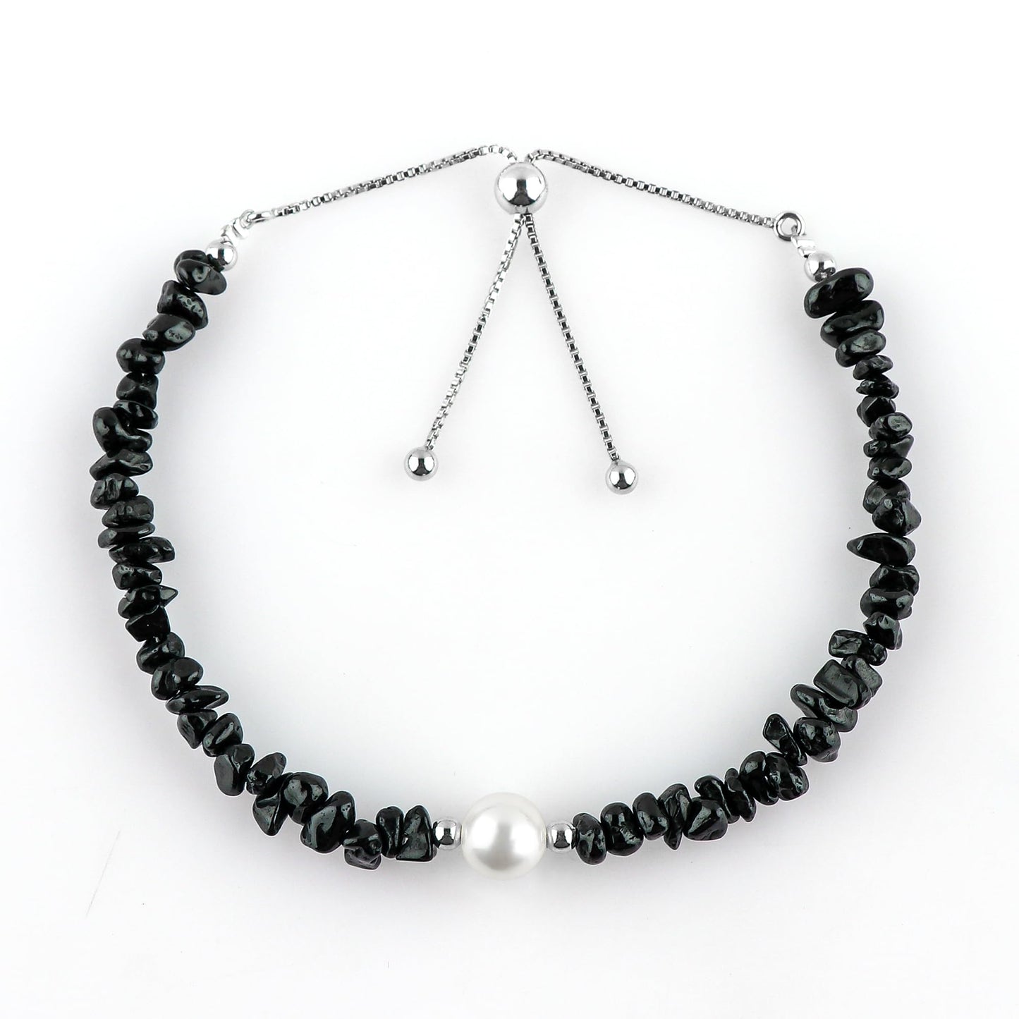 CRYSTALIS Natural Black-Spinel Beads Slider Bolo Bracelet with Elegant Pearl, Uncut Chips Nuggets Crystals, Chakra Healing Gemstone, Women Jewelry, 925 Sterling Silver Slider 10 inch