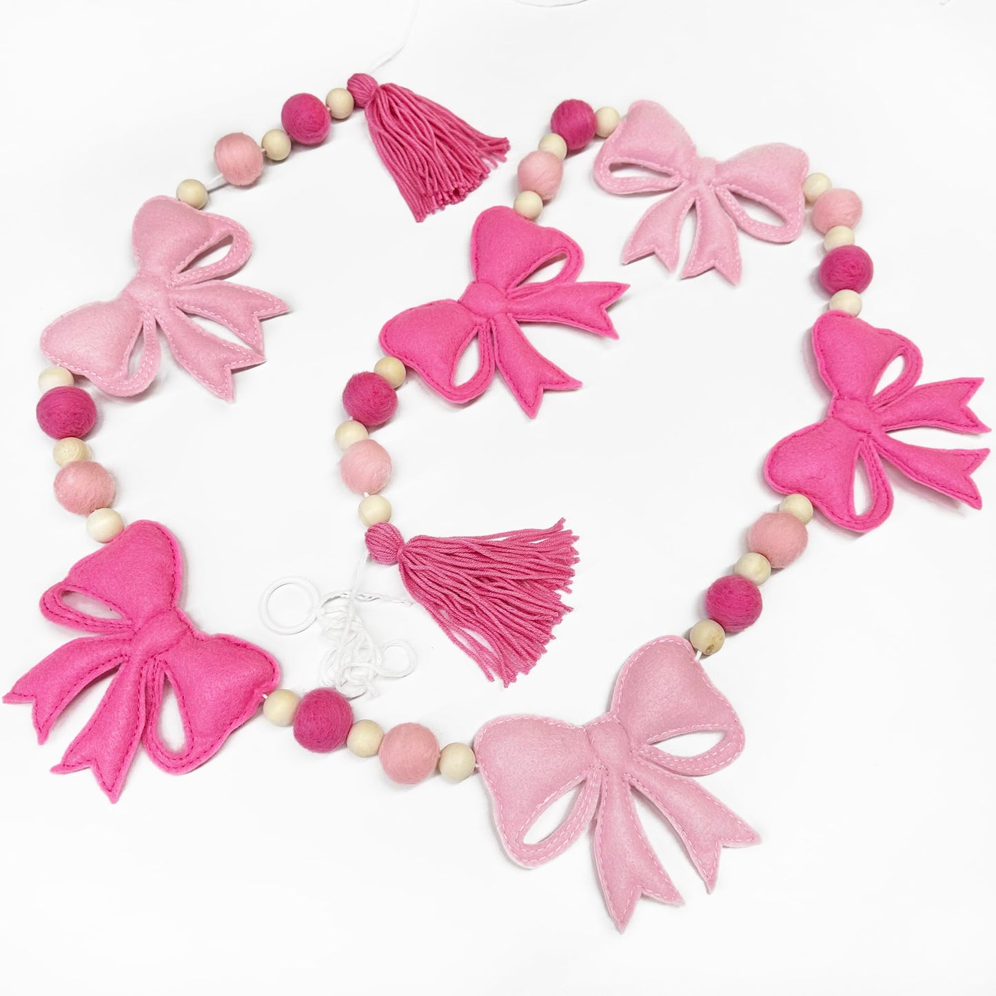 Pink Bow Decorations Pre-Strung Felt Handmade Bow Banner Wool Felt Ball Wooden Bead Bow Garland Streamer for Nursery Classroom Home Mantle Fireplace Decor Baby Shower Coquette Birthday Party Supplies