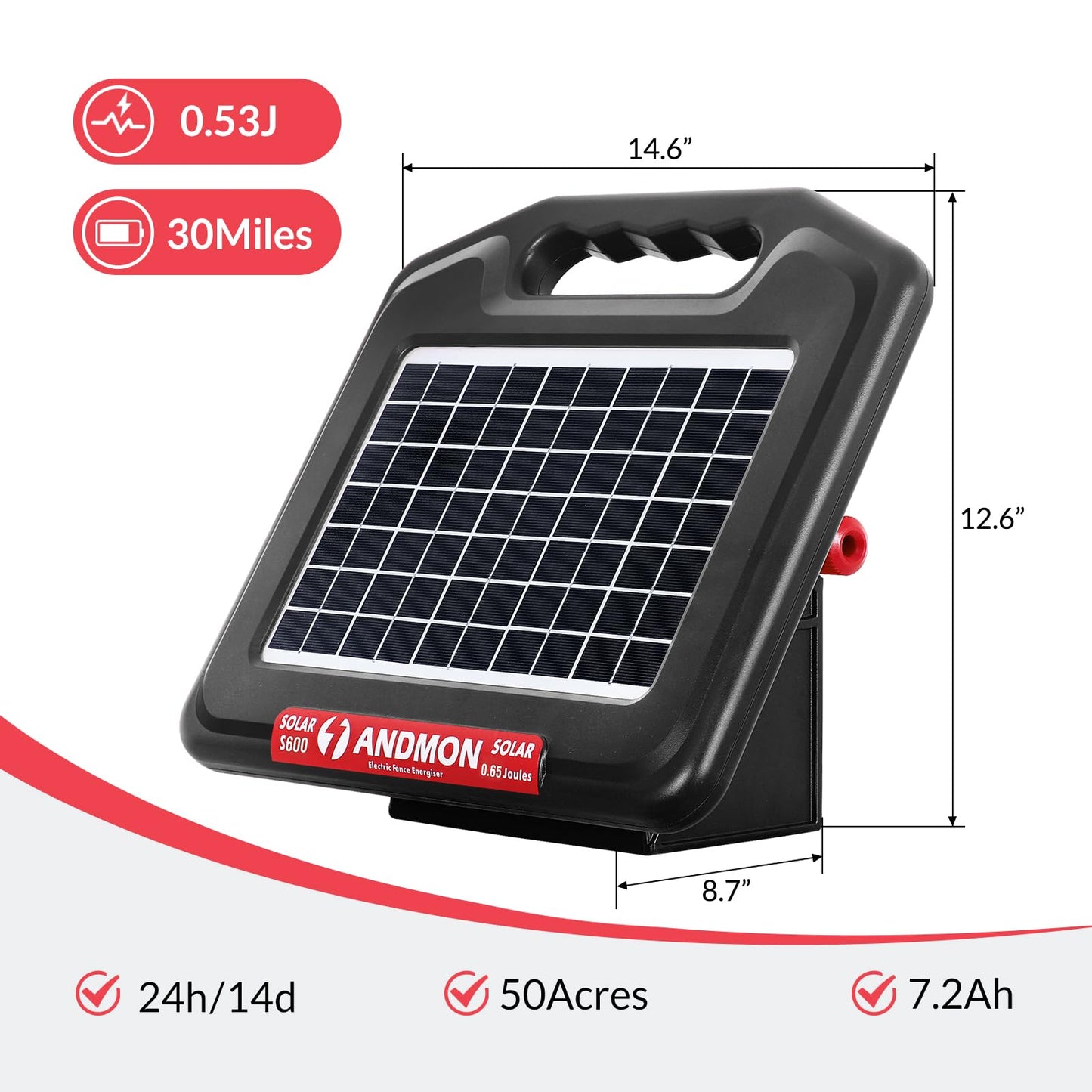 ANDMON S700 35 Miles Solar Fence Charger, 0.76 Joule Solar Electric Fence Charger for Livestock, Horses, Cattle Sheep, Solar Powered Electric Fence with Dual Input, Easy Installation