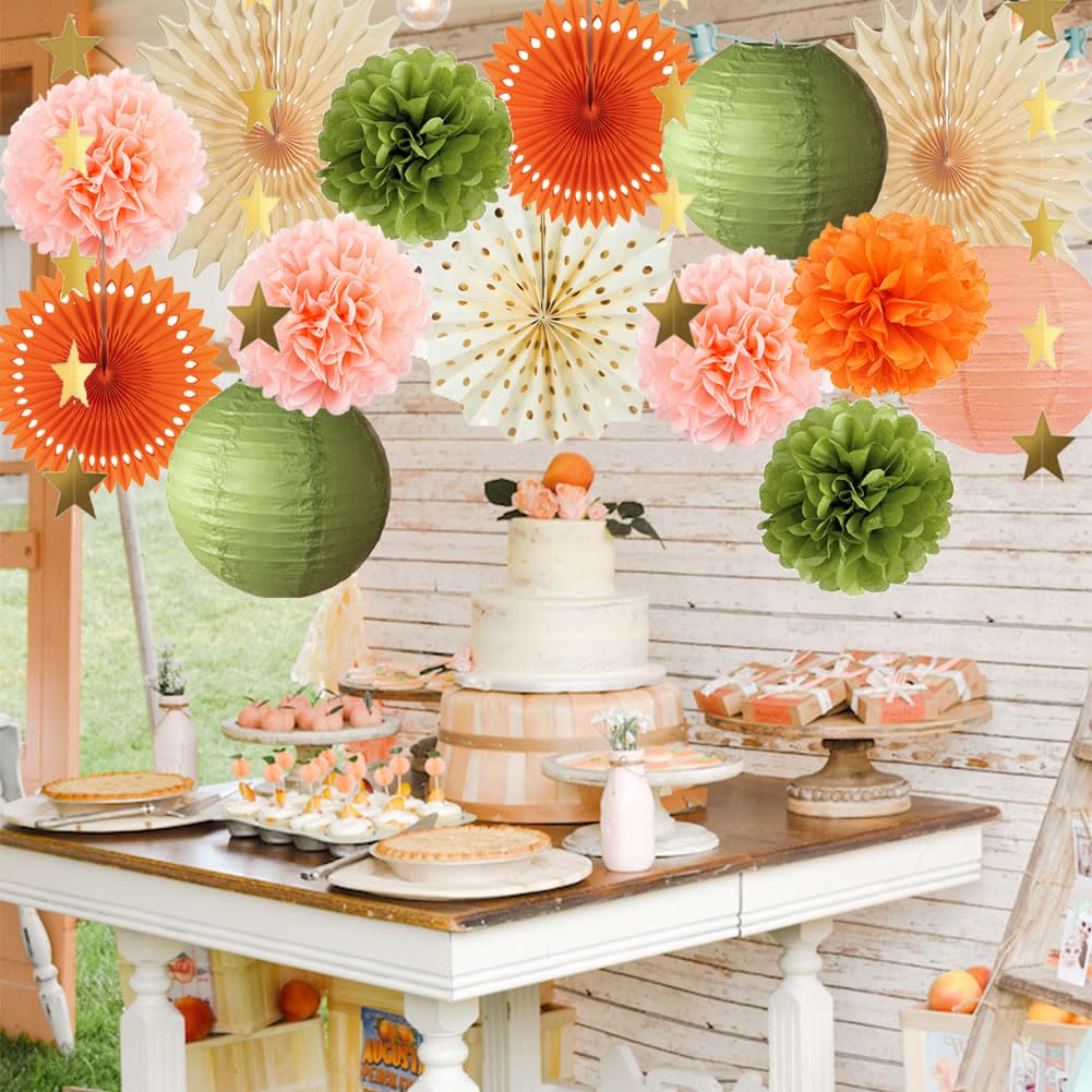 Olive Green and Orange Party Decorations Olive Birthday Party Decorations Peach and Orange Poms Lanterns Beige Fans Decor for Green and Peach Baby Shower Bridal Shower Rustic Wedding Party
