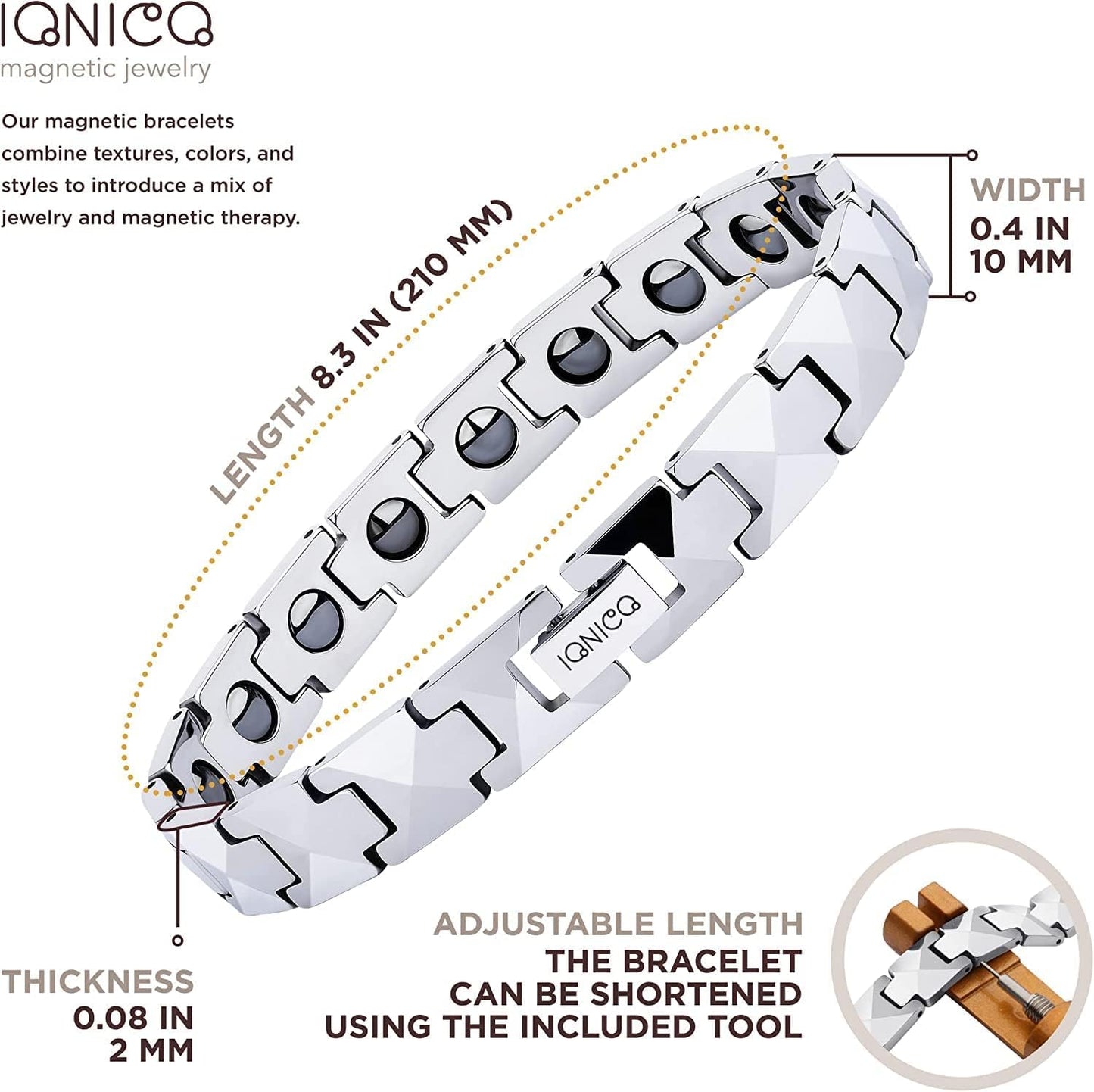 HOLVIST Magnetic Bracelet for Men and Women 4000 Gauss | Mens Magnetic Bracelets | Women Magnetic Bracelet| Comes with Adjustable Length, Sizing Tool and Gift Box (Silver)