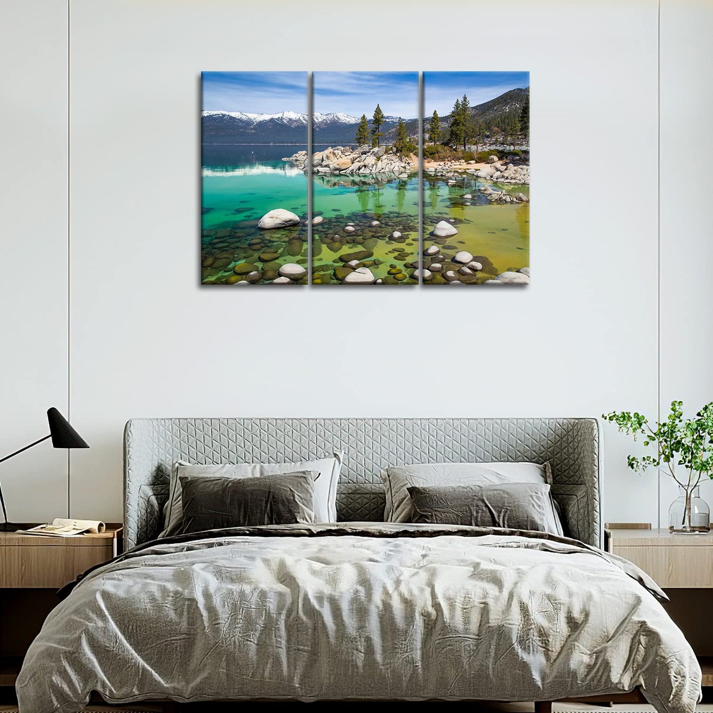 Lake Tahoe Wall Art Decor Clear Turquoise Water and Green Mountain Trees Forest in the California Canvas Pictures Artwork 3 Panel Landscape Painting Prints for Home Living Dining Room