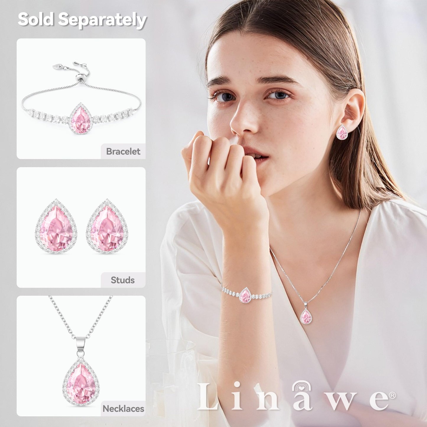 Linawe Pink Crystal Silver Chain Necklace for Women, Imitation Diamond Pendant Cubic Zirconia Birthstone Rhinestone Teardrop Necklace, Preppy Bridal Wedding Jewelry