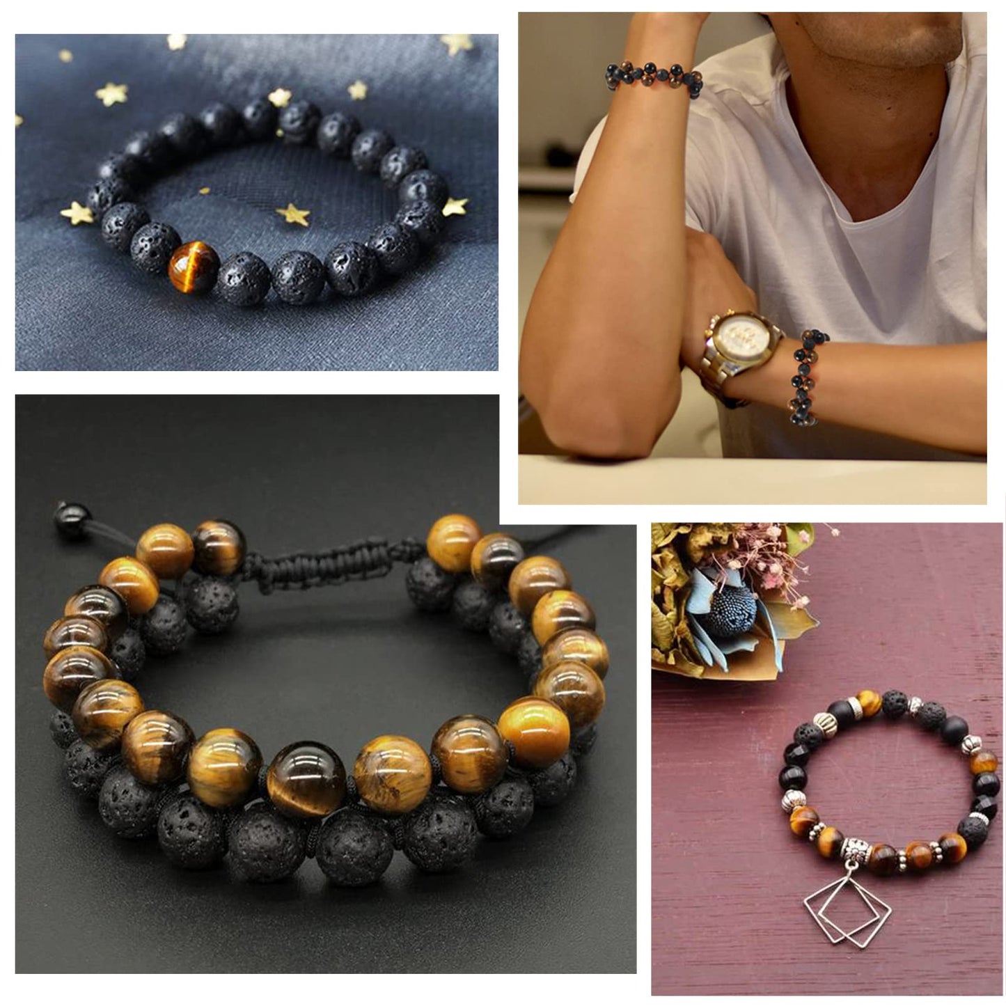FASHEWELRY Mala Yoga Men Bracelet Making Kit - 220pcs Natural Gemstone Lava Rock Tiger Eye Beads Healing Crystal Chakra Stone Beads with Black Nylon String for Essential Oil Diffuser Jewelry Making