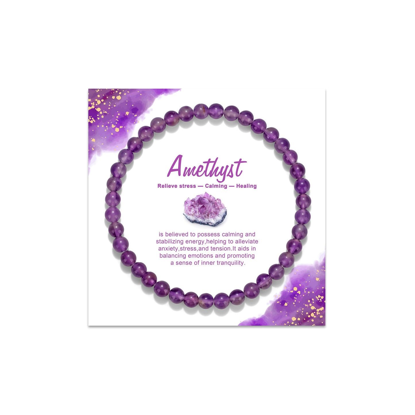 GolbalJew Natural Gemstone Beads Bracelets Healing Crystal Stone Beaded Bracelet for Women Men Handmade Spiritual Jewelry Gifts, 4mm Amethyst Round Beads