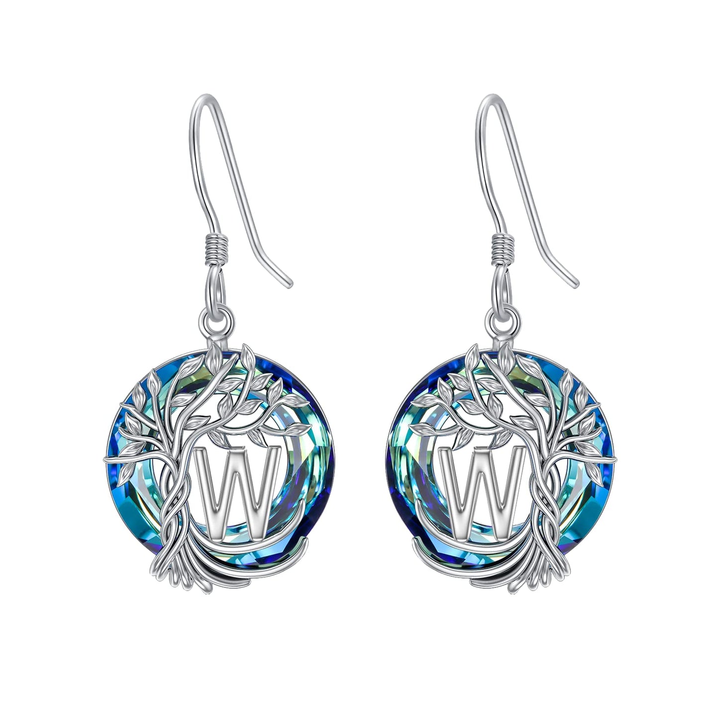 TOUPOP Tree of Life Initial Earrings Sterling Silver Initial W Letter Drop Dangle Earrings Blue Circle Crystal Family Tree Jewelry Birthday Mothers Day Gifts for Women Mom Her
