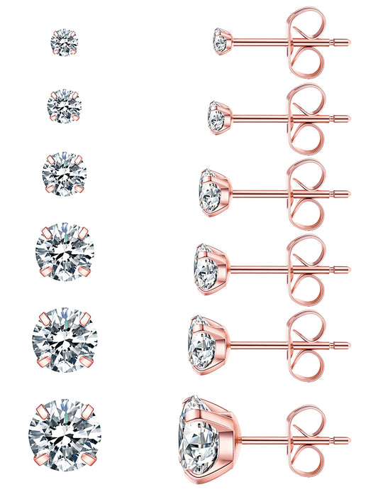 6 Pairs Stud Earrings Hypoallergenic Cubic Zirconia 316L Earrings Stainless Steel CZ Earrings Set 3-8mm (Rose gold)