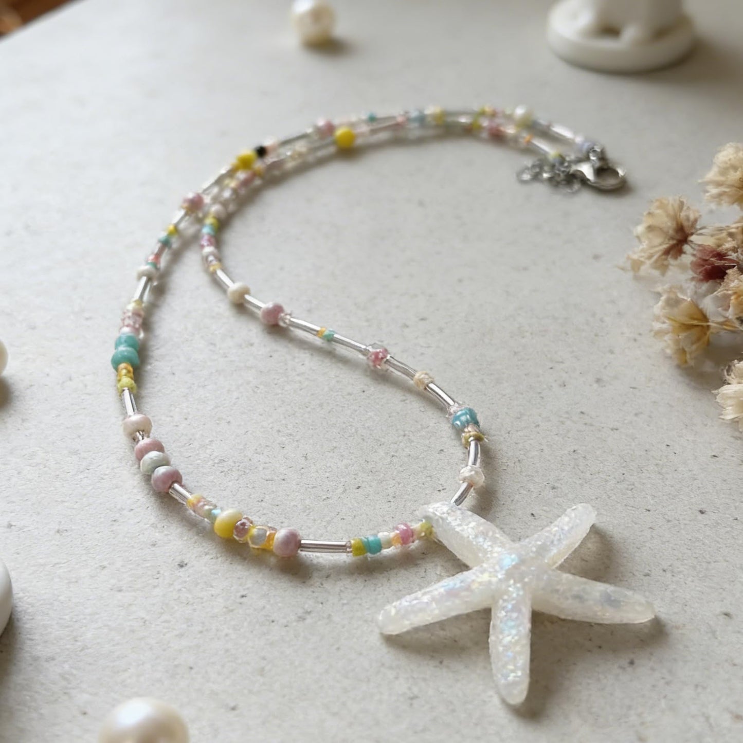 Peraca Cris Sea Shell Necklace Starfish Pendant Necklace for Women Colorful Summer Vacation Jewelry for Women Small Candy Beaded Necklaces Boho Jewelry Lime Green Pink Accessories Gifts