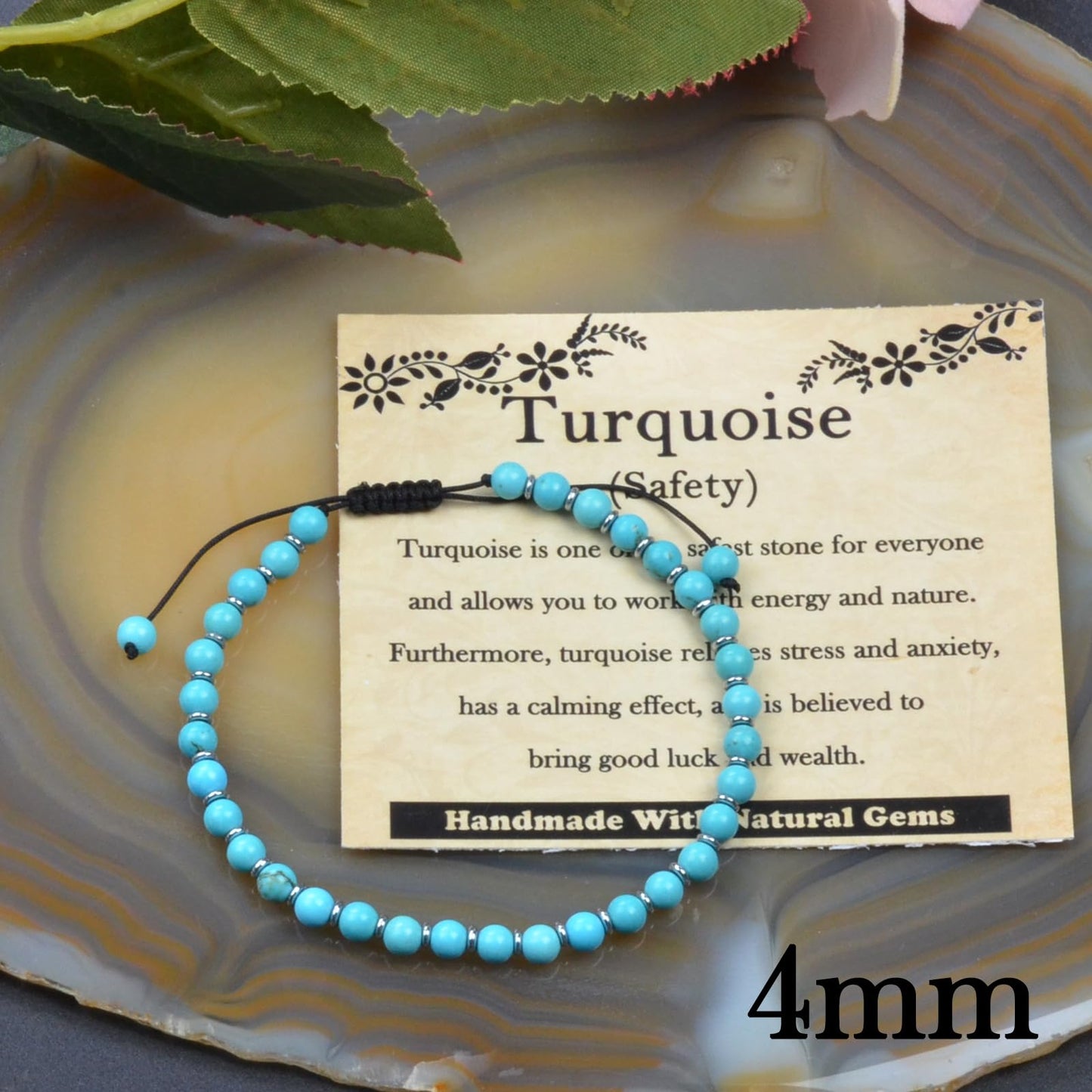 CHCCOYE 4mm Handmade Adjustable Natural Gemstone Crystal Bracelet Healing Power Energy Inspirational Gifts with Card for Unisex (Turquoise)