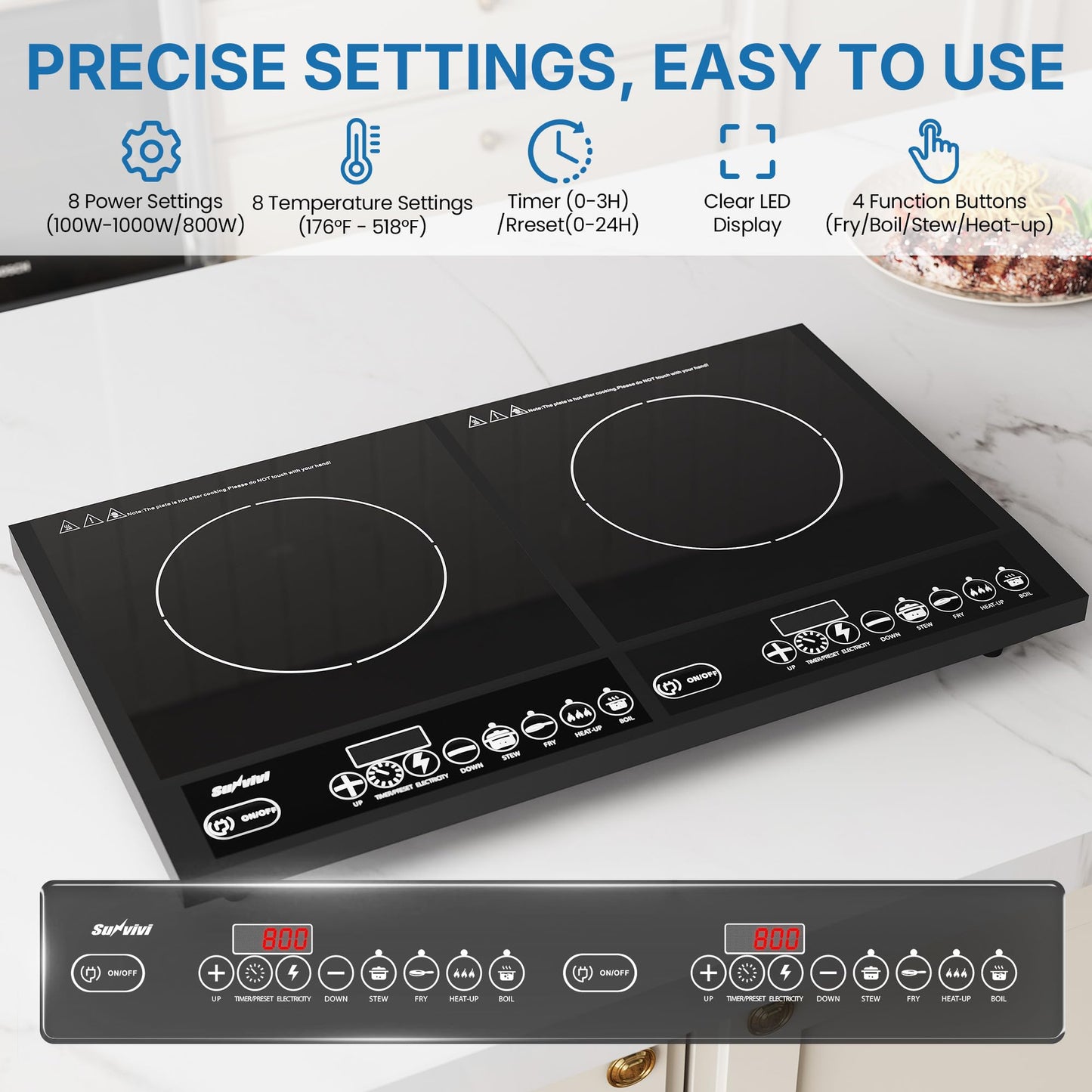 SUNVIVIPRO Commercial Double Burner Electric Induction Cooktop, 1000W+800W Dual Induction Hot Plate, 8 Power & 8 Temp Setting, Professional Countertop Burner Stove with Timer, LED Screen, Black