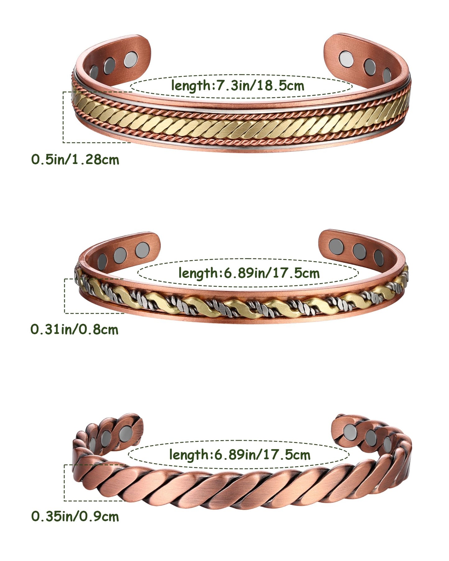 MagEnergy Copper Bracelets for Women Men, Set of 3 Pcs, Magnetic Therapy, Handmade 99% Copper Cuff Bracelet, Jewelry Gift Box