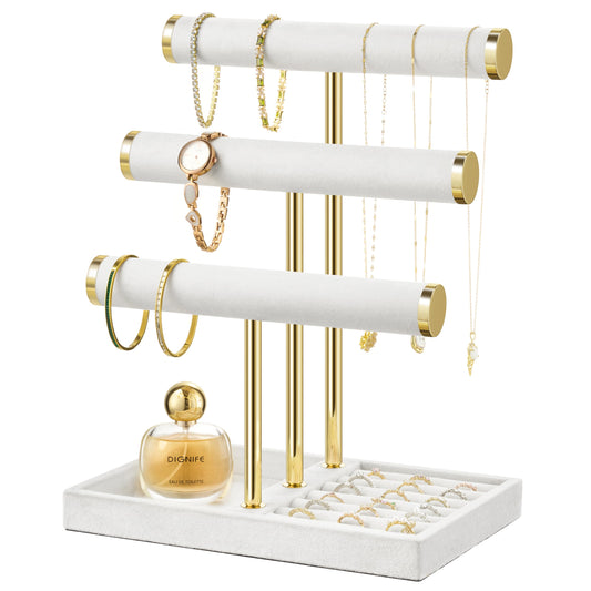3 Tier Bracelet Holder Display - Detachable T Bar White Velvet Bracelet Holder, Jewelry Holder Organizer for Bracelet, Necklace, Watches, Rings