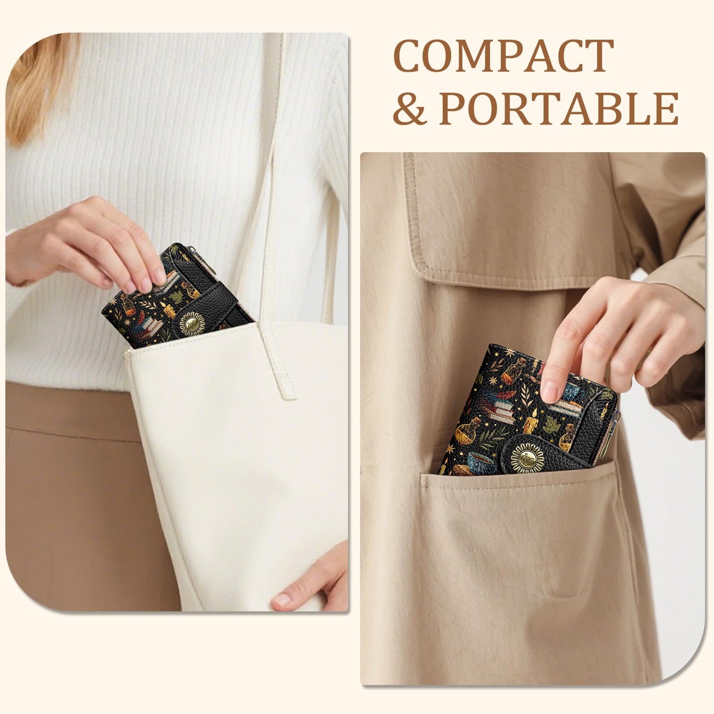 Icycay Book Witchy Wallet Women Small RFID Blocking Bifold, Credit Card Holder, Zipper Coin Pocket, PU Leather, Compact, Travel, 4 ID Window, 14 Card Slots, Cash Purse, Ladies Woman Female Girls