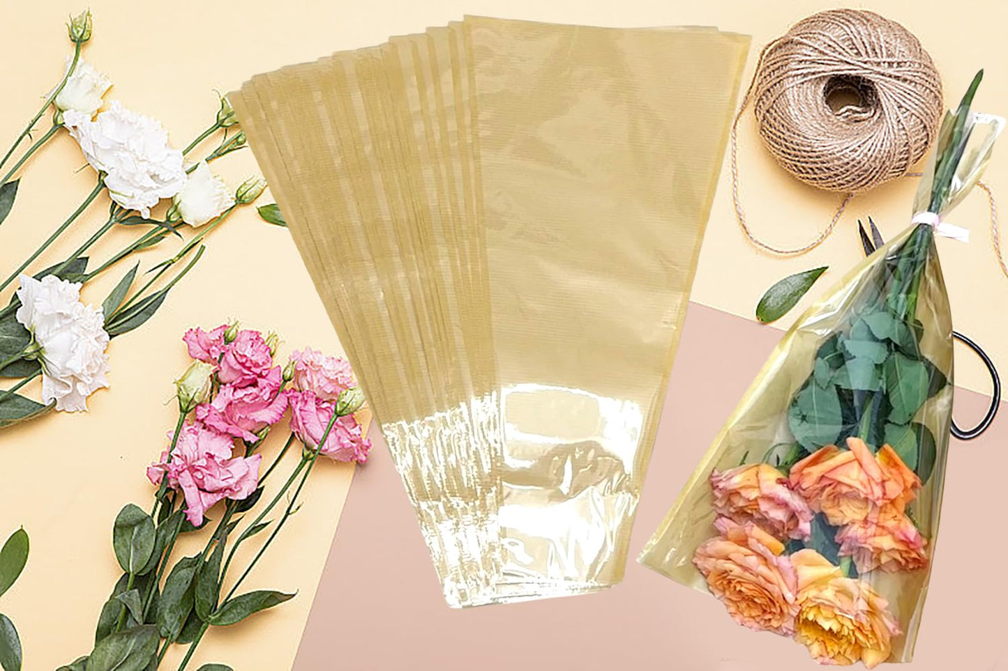 MYGOGOART 50 Pcs Flower Bouquet Wrapping Paper Flower Bags Sleeves for Bouquets Kraft Paper Floral Wrap Bags Flower Bouquet Supplies(9.4 x 17.7 x 3.5 inches)