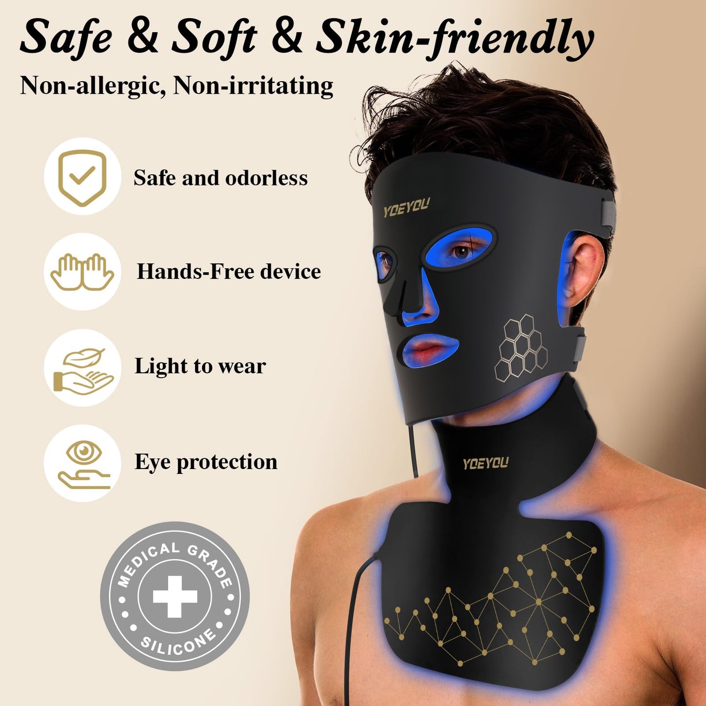 YOEYOU Red Light Therapy for Face and Neck, 850nm Infrared & Red Light Mask, 4 Modes LED Face Mask Light Therapy with Neck Masks, 2600mAh Rechargeable Portable Skincare Device at Home & Travel