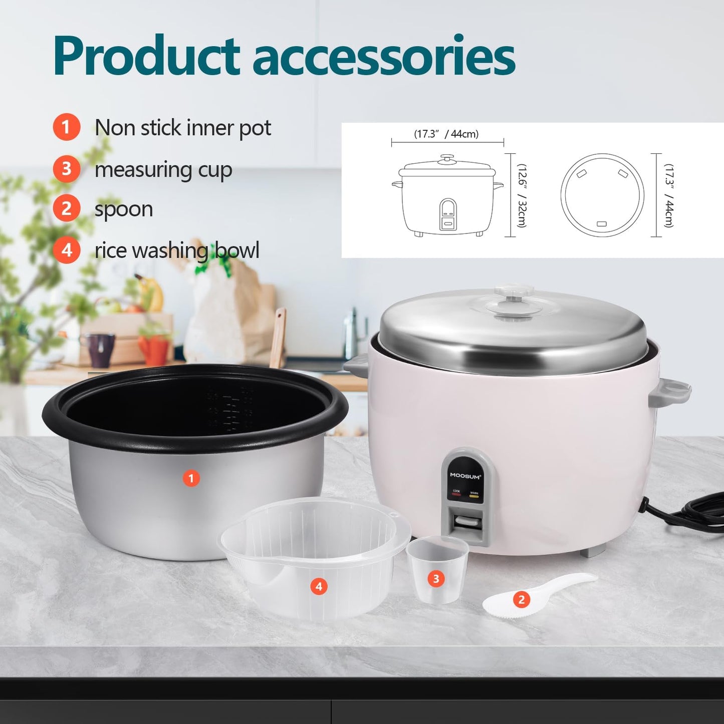 MOOSUM Commercial Rice Cooker, Large Capacity 30-Cup (UnCooked), 60-Cup (Cooked) with One Touch Operation and 12-Hour Keep Warm, Easy to Use and clean, 1600W, White