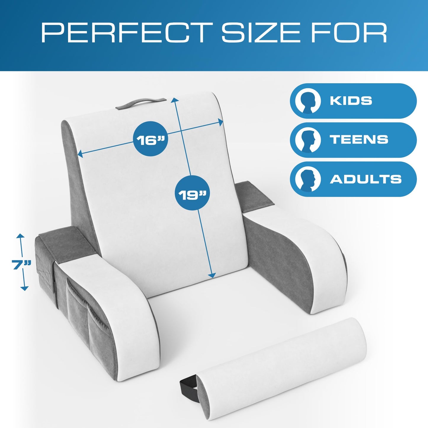 Kolbs Wedge Reading Pillow for Bed, Cushion with Arms for TV, Books, Nursing, Back - Bed Pillow for Sitting Up in Comfort, Plush Backrest. Bed Chair, Sit Up in Comfort (19" Gray/White)