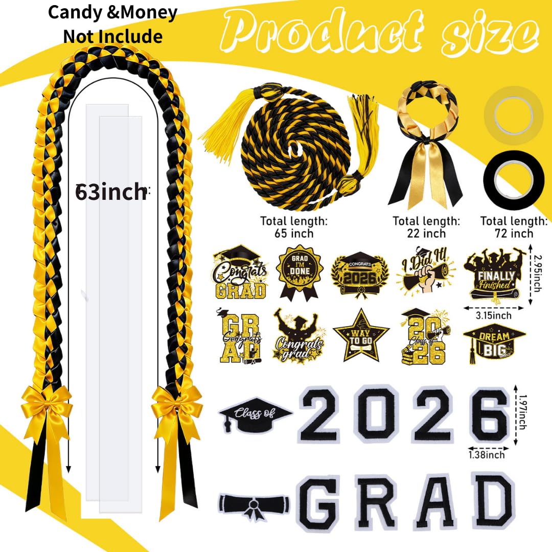 Hamdwerk Candy Leis for Graduation 2026, 36Pcs Graduation Leis Class of 2026, Graduate Ribbon Lei Making Kits with Honor Cord Patches Cards, Black Gold Double Lei Necklace Decorations Graduation Gift