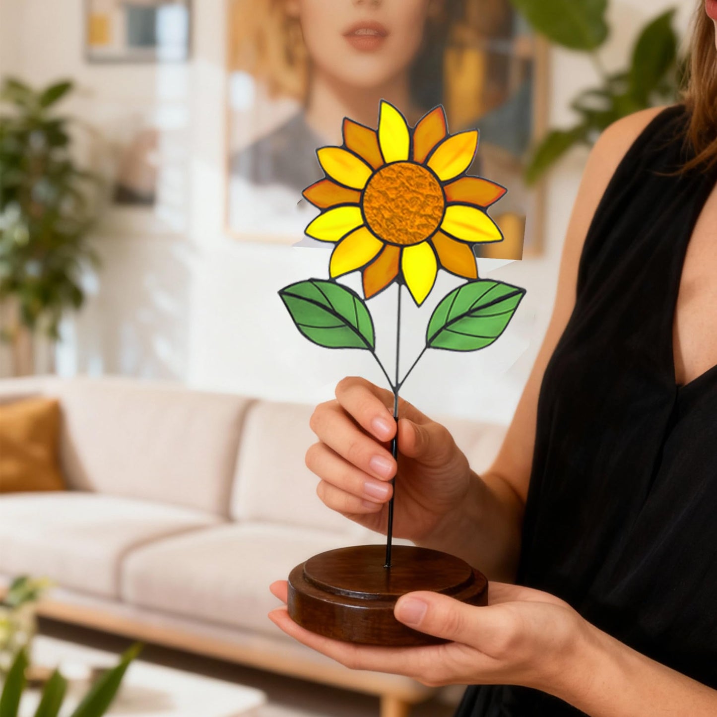 Verssure Stained Glass Flowers, Stained Glass Sunflower with Wood Base,Suncather Decor Mother's Day Birthday Gifts for Women, Home Party Tabletop Decorations
