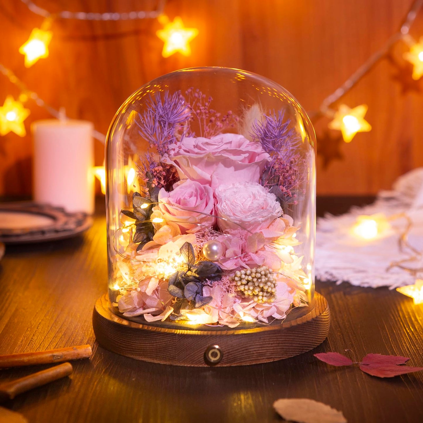Large Preserved Flowers with Card&Box-Flowers for Delivery Prime,Eternal Rose with Lights,Roses in Glass Dome,Romantic Gift for Her,Decoration,Fresh Rose Flowers for Mom, Birthday, Anniversary (Pink)