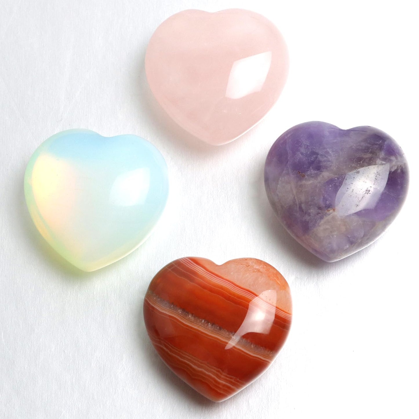 4Pcs Healing Crystals and Heart Stones, Amethyst Rose Quartz Opal Agate Crystal Set Bulk, Polished Love Worry Stones Palm Pocket Stone Reiki Meditation 1.2" Pink Heart Anxiety Relief Gifts for Women