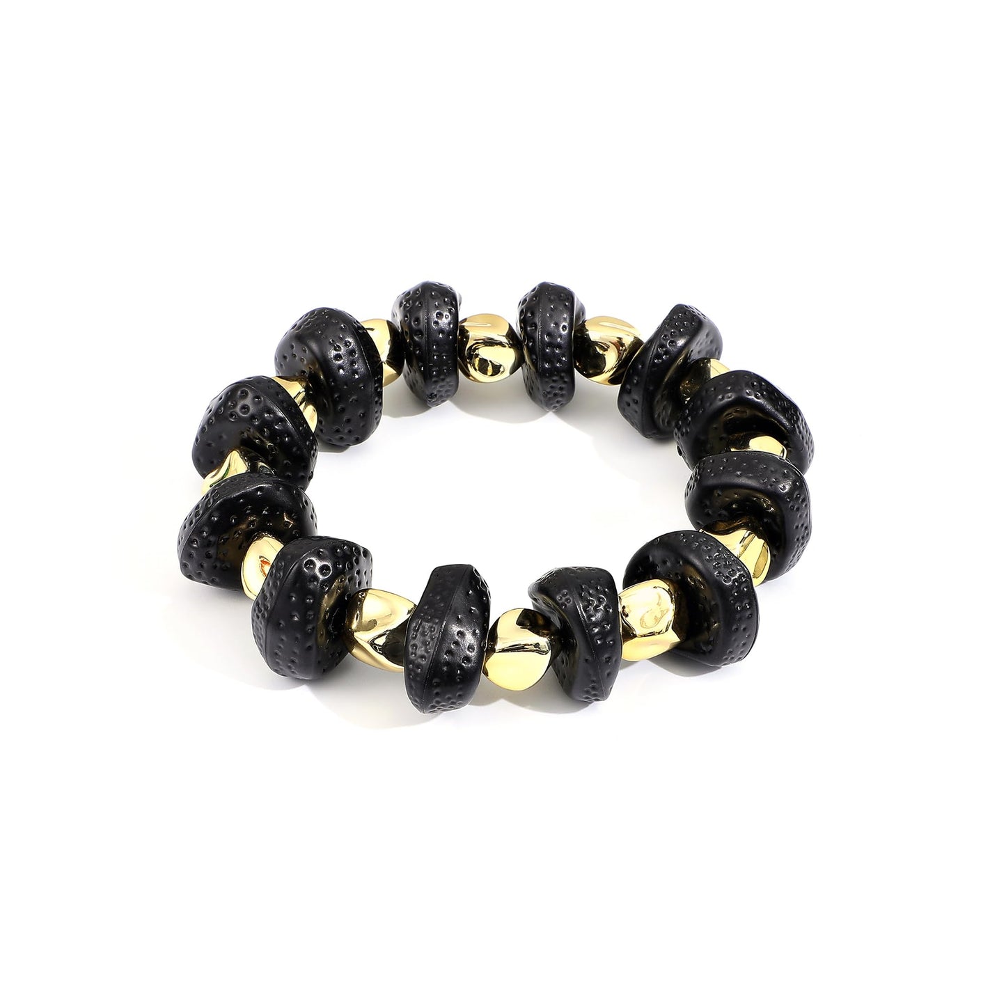 GOOJIDS Simple Beaded Gold Plated Bangles Bracelet Chunky Bamboo Tube Curved Stacking Clear Acrylic Colorful Beads Stretchable Gold Plated Bracelets Set For Women (D-Black&Gold Bracelet)