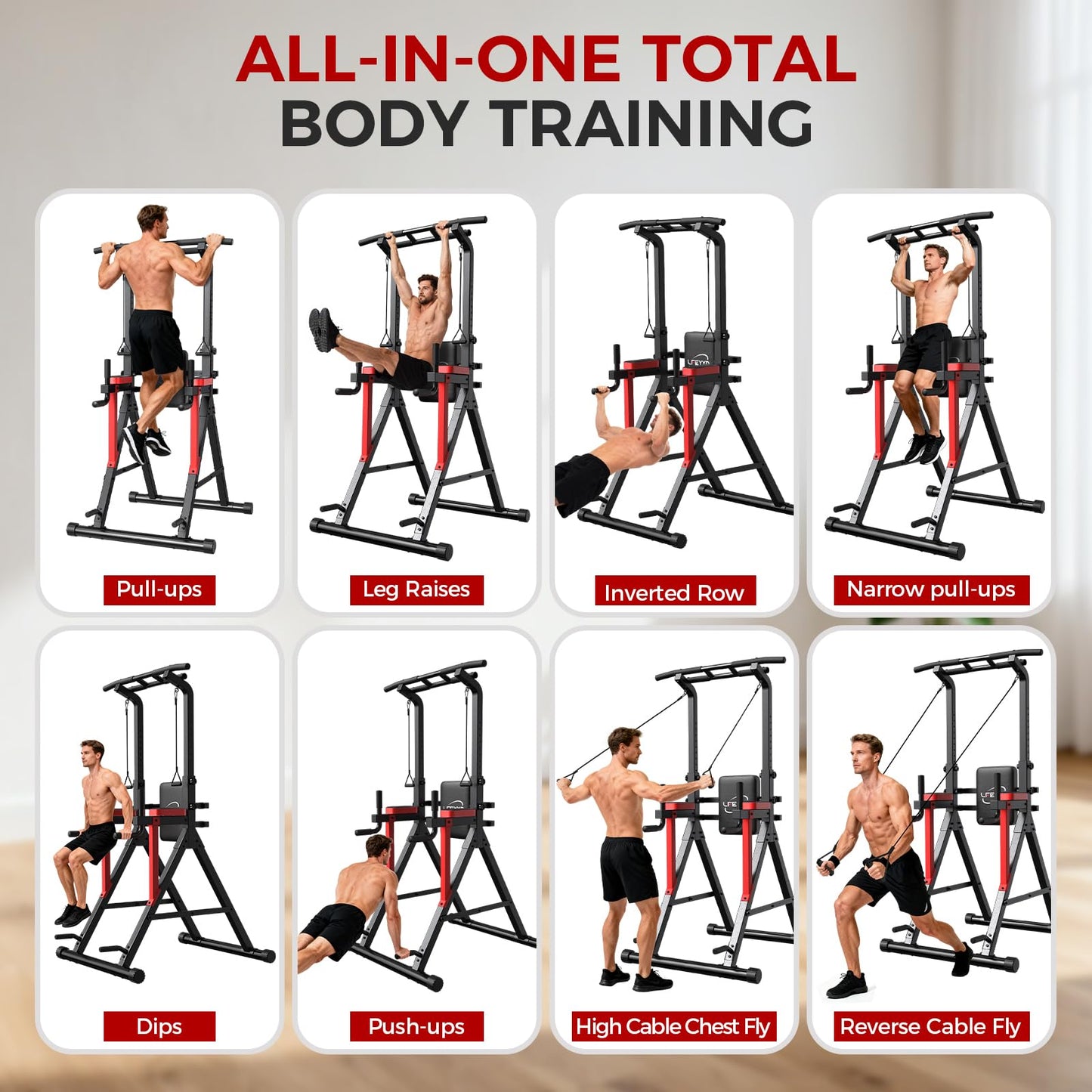 Power Tower Pull Up Bar Free Standing,13-Level Adjustable Height Dip Station with X Frame Stability, Multi-Grip Handles,Backrest，Home Gym Strength Training Equipment 400LBS Capacity