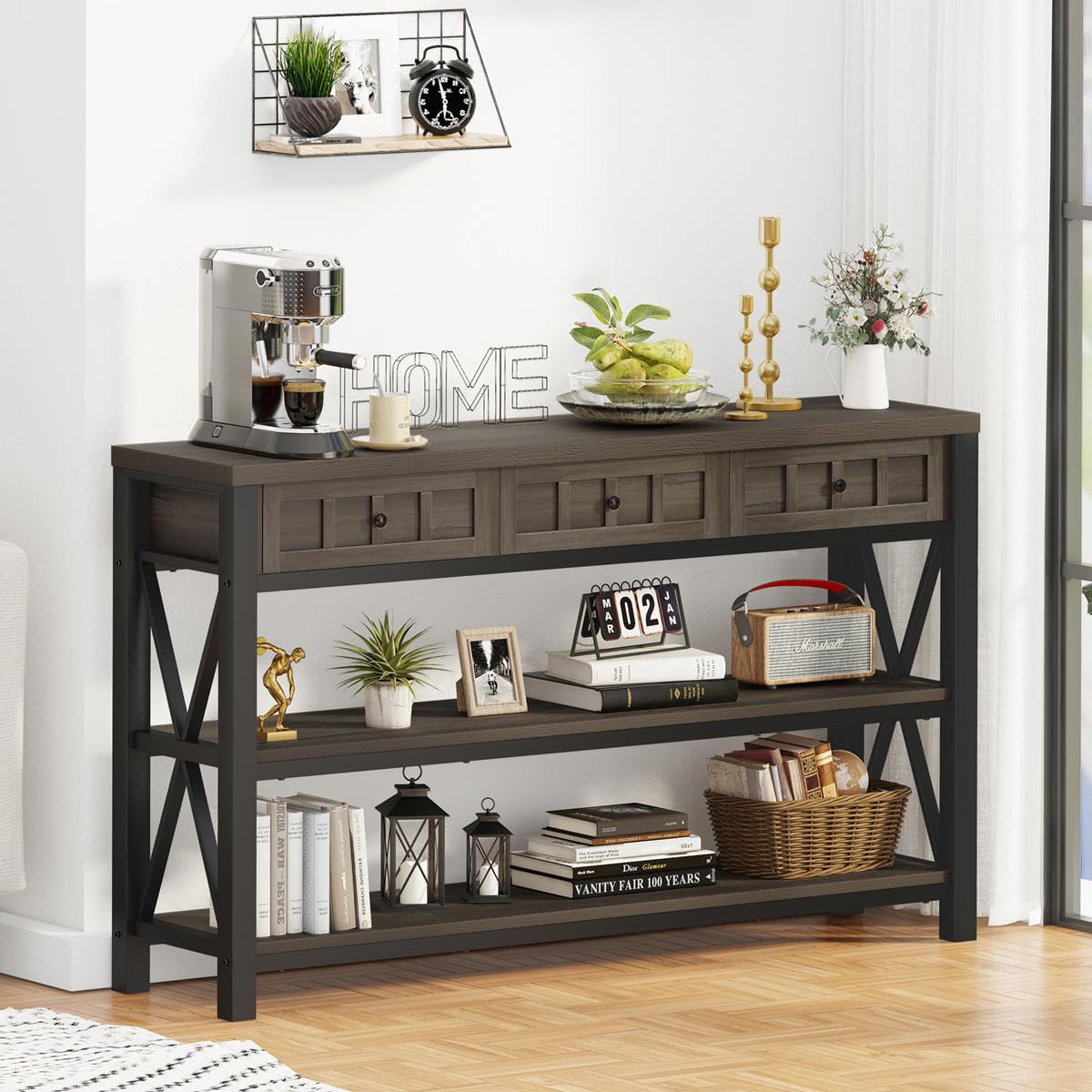 FATORRI Console Table with Storage for Entryway, Rustic Sofa Table with 3 Drawers for Living Room, Farmhouse Hallway Tables and Couch Tables Behind Sofa (54.72 Inch Long, Walnut Brown)