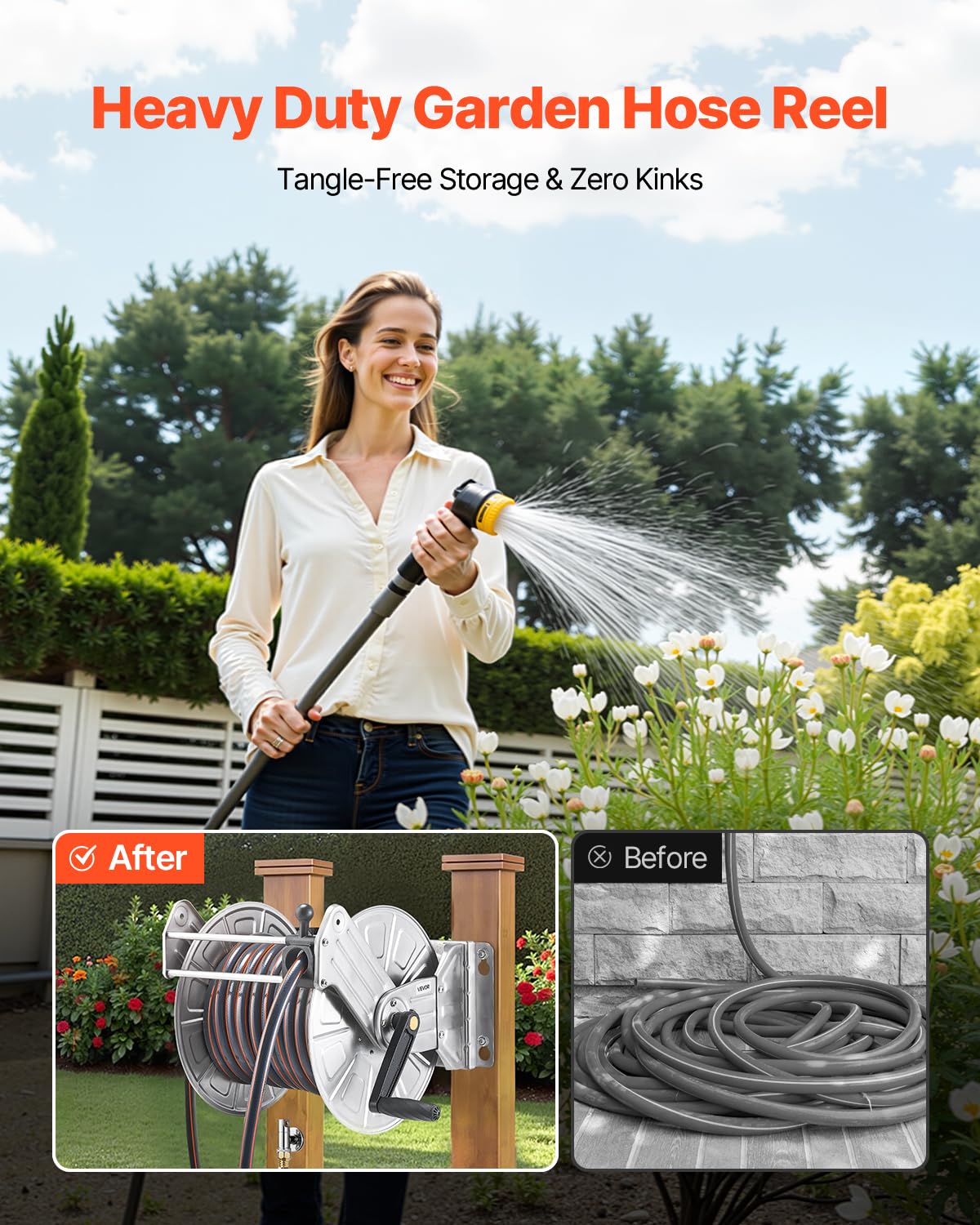 VEVOR Stainless Steel Wall Mounted Garden Hose Reel Heavy Duty, Holds 150 ft 5/8-inch Water Hose Winder, Outdoor Manual Reel with Brass Fitting & 5ft Leader Hose, Space Saving, for Yard Lawn Garage