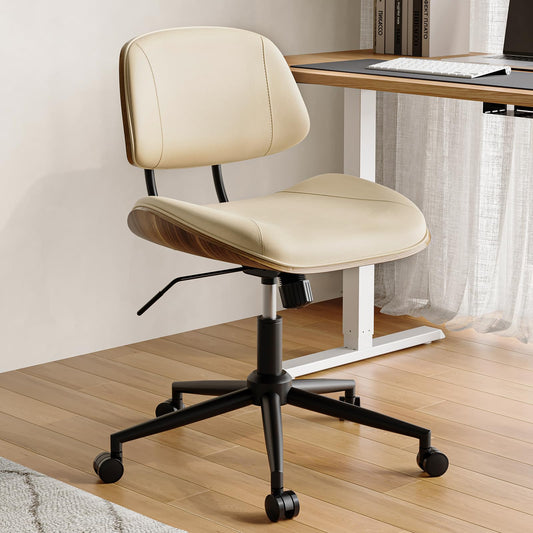BERYTH Armless Office Chair with Wheels, PU Leather Adjustable Height Desk Chair - 360° Swivel Ergonomic Computer Chair for Small Space, Modern Walnut Style, Home & Meeting Room, Beige