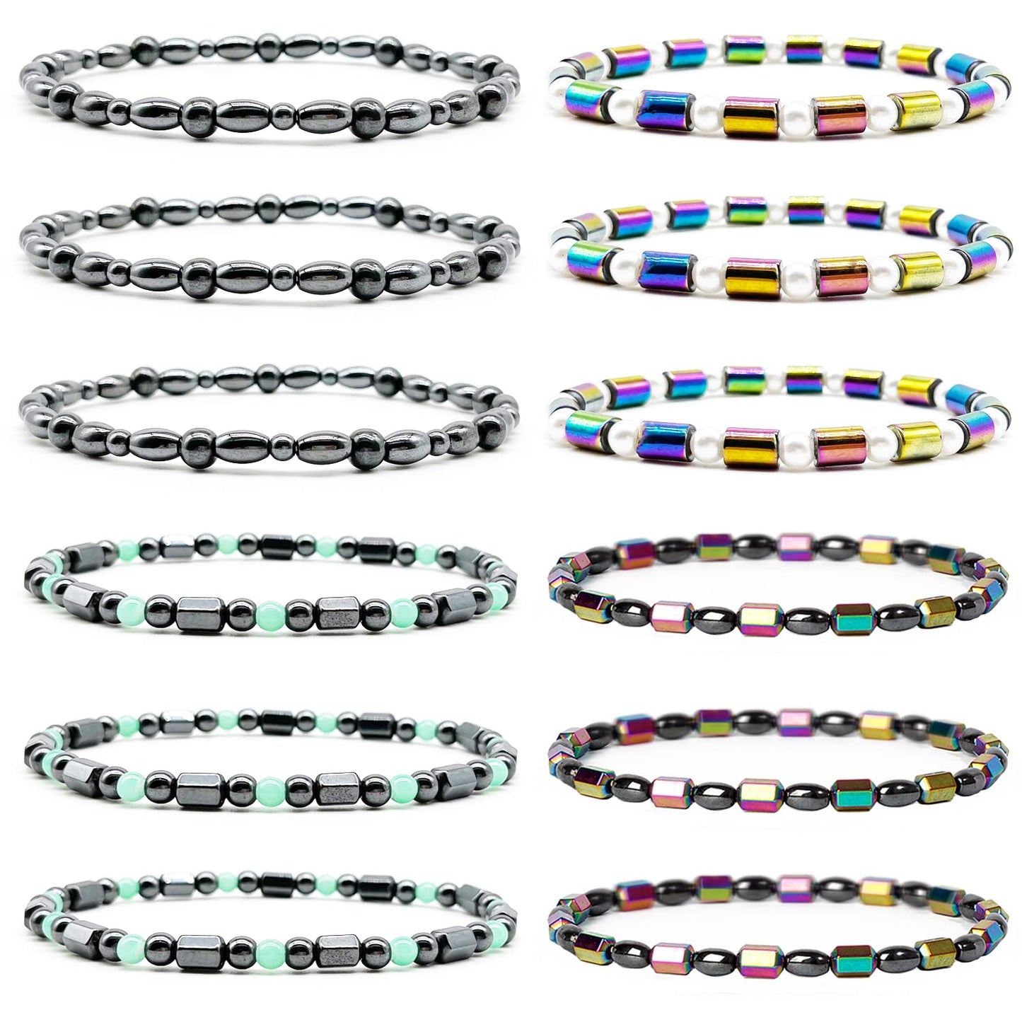 SROBENZ 12 Pcs Therapy Hematite Anklet Bracelet Energy Healing Anklet Set for Women Men Lymphatic Drainage Anti-Anxiety Magnetic Obsidian Beach Anklets Bracelet