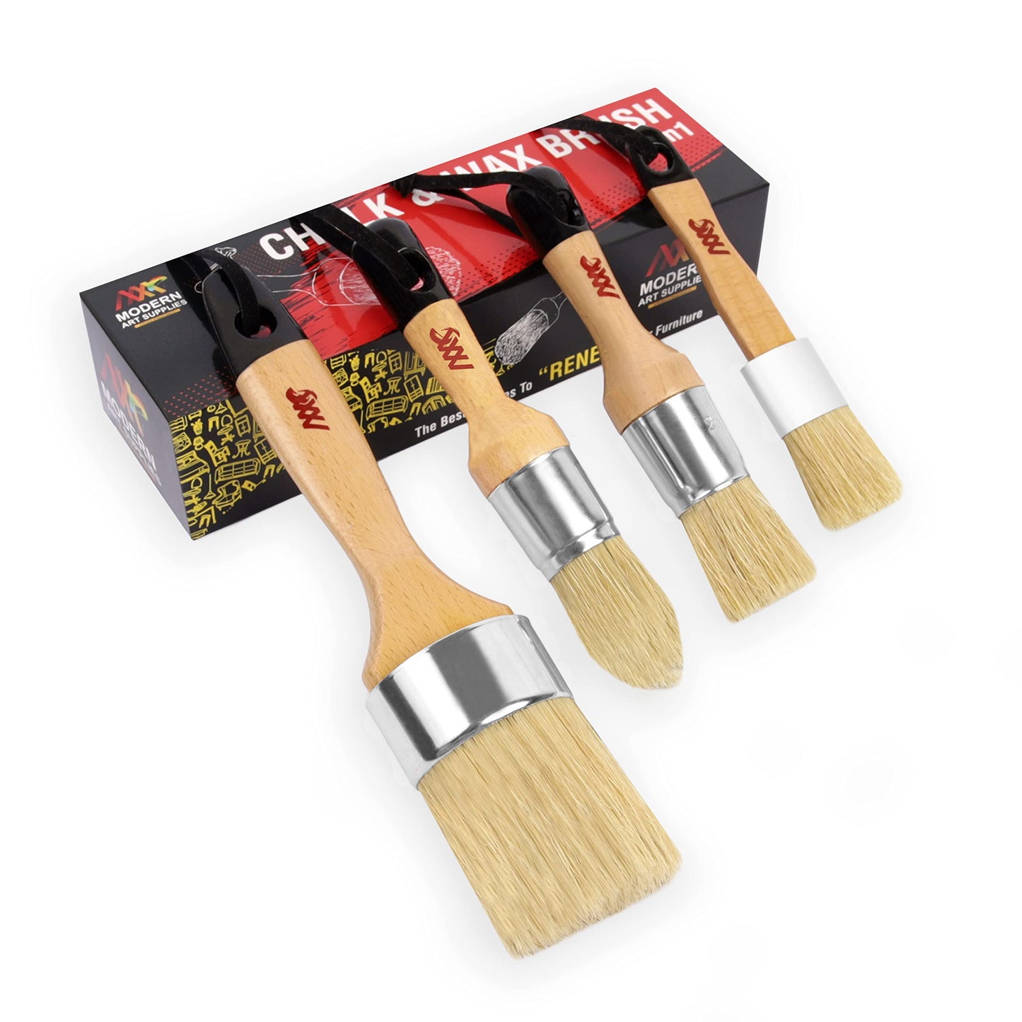 Chalk Wax Paint Brush 4PCs Set Including 3 Small for Furniture Painting and 1 Large Bristle Paint Brushes Set Compatible with Annie Sloan Paint, Fusion Mineral Paint