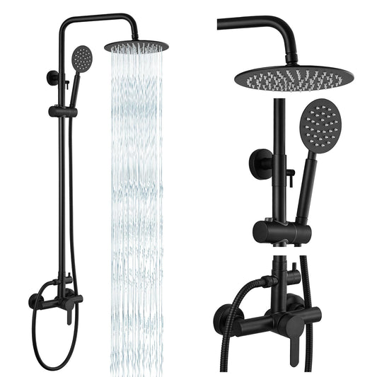 gotonovo SUS304 Outdoor Shower Fixtures High Pressure Rainfall Shower System Combo Wall Mount 2 Dual Function 8 Inch Shower Head and Round Handheld Spray Single Handle Shower Faucet Set Matte Black