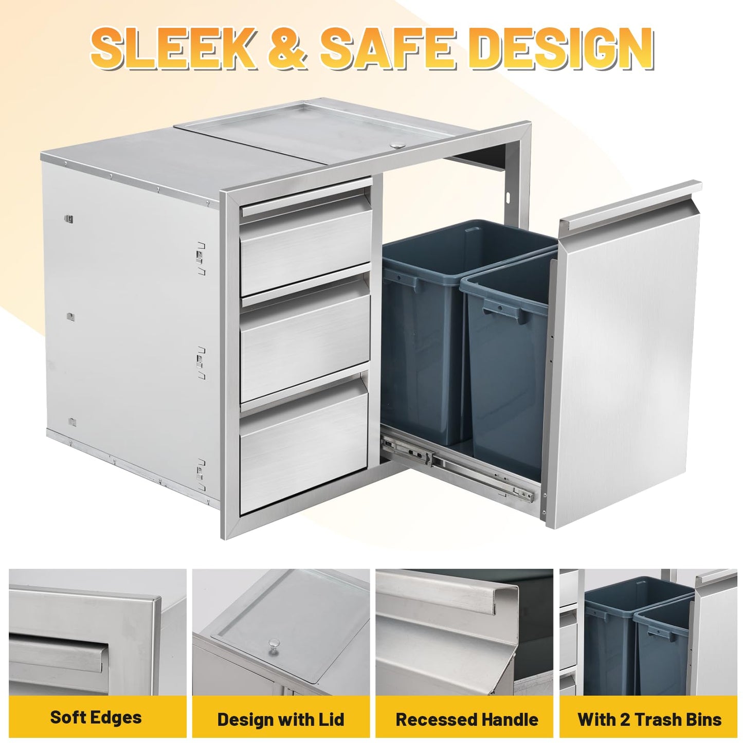Tactralis Outdoor Kitchen Drawer Combo Cabinet Stainless Steel Triple Drawers & Trash Drawer with 2 Trash Cans, 28" W x 22" H x 19.5" D Outdoor Kitchen Cabinets for BBQ Grill Station