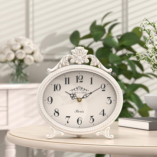 Abdurey Vintage Table Clock on Stand,Desk and Shelf Decorative Clock,French Rustic Style Mantel Clocks,Metal Frame Antique White Finish,Farmhouse,Bedroom, Bedside,Living Room,Gift Clocks