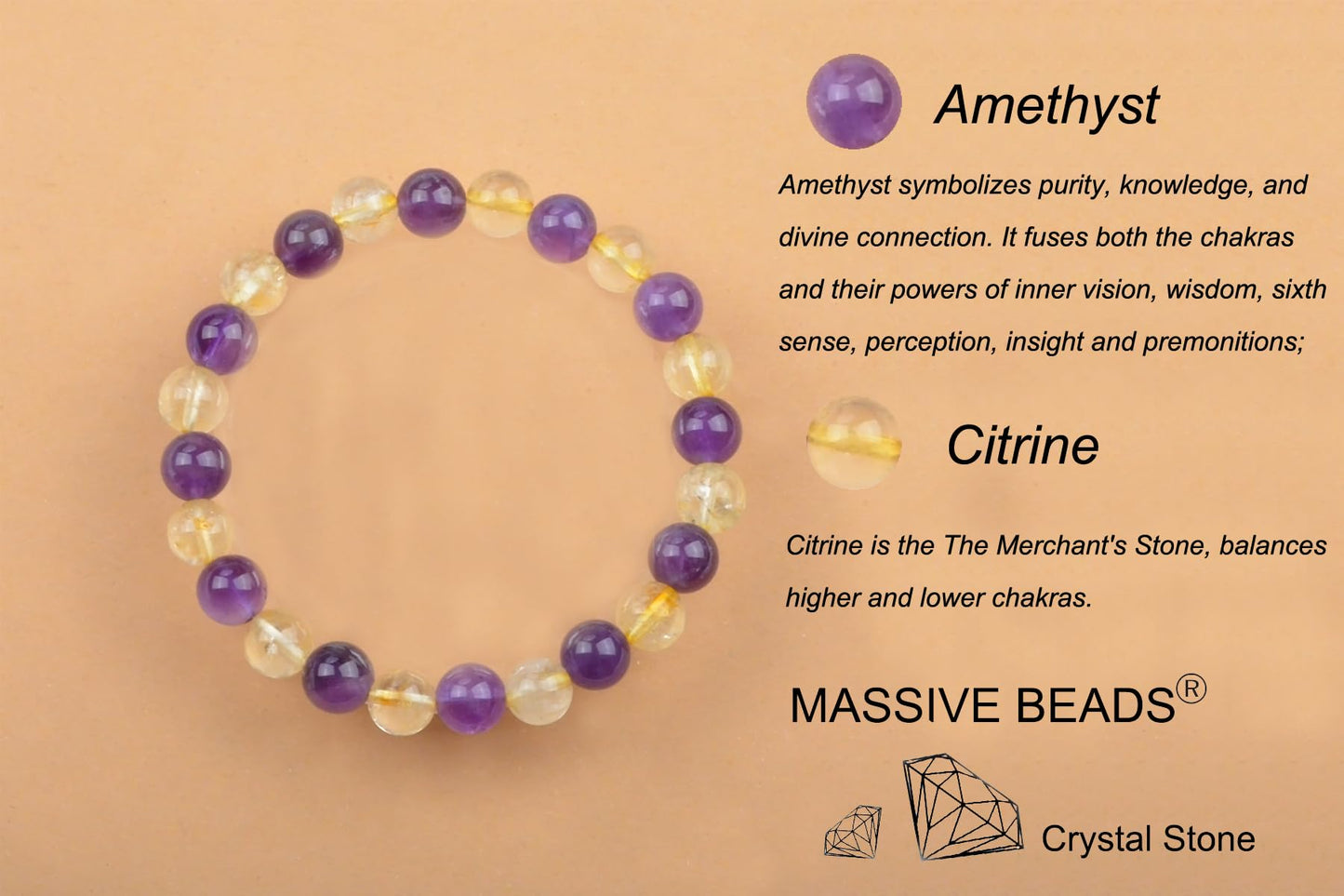 MASSIVE BEADS Amethyst Citrine - For Birthday Handmade Handmade Yoga Stretch Elastic Bracelet Natural Stone Crystal Healing Power Energy Gifts for Unisex Adult 4mm