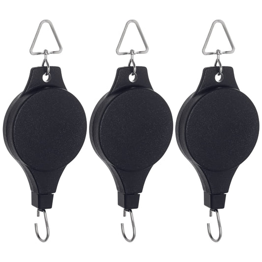 3 Pack Plant Pulley Retractable Hanger, Easy Reach Plant Pulley Adjustable Height Wheel for Hanging Plants Heavy Duty, Indoor Outdoor Plant Hanger for Garden Baskets Pots & Birds Feeder - Black