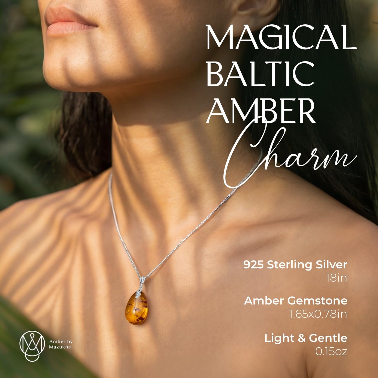 Amber by Mazukna Natural Baltic Amber Pendant for Women, Cognac Drop Necklace with 925 Sterling Silver Chain, Lightweight 18-inch Jewelry Gift for Everyday Elegance