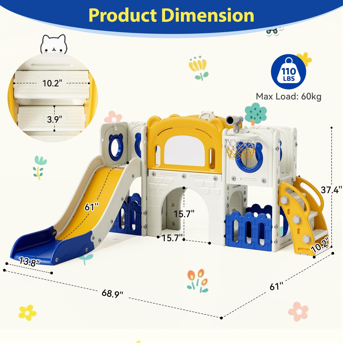 Arlopu 10-in-1 Large Toddler Slide Set, Kids Slide Climber Playset with Drawing Board, Basketball Hoop, Sturdy Baby Playground, Indoor Outdoor Playhouse for Boys and Girls Upgraded (Yellow & Blue)