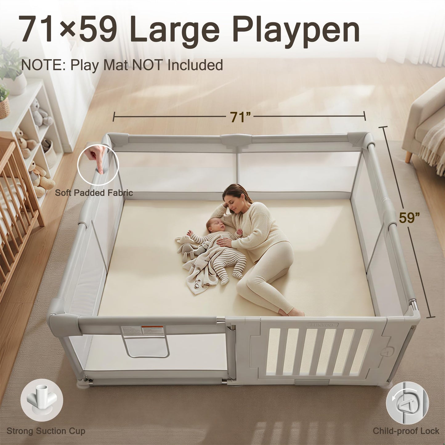 Funyoo 71" ×59" Baby Playpen with Gate, Large Baby Play Pen for Babies and Toddlers, Infant Fence Play Yard with Door for Living Room, Anti-Fall, Breathable Mesh