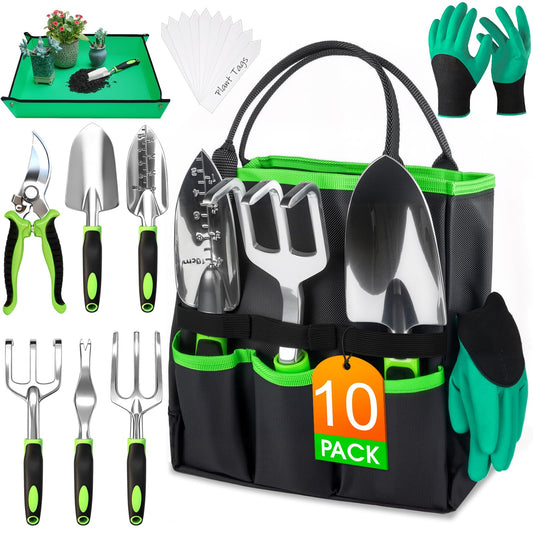 WOWBOX Garden Tools Set - 10 PCS, Heavy Duty Gardening Hand Tools Kit with Storage Tote, Rust-Resistant Gardening Supplies for Planting with Non-Slip Ergonomic Handle for Women and Men (Green)