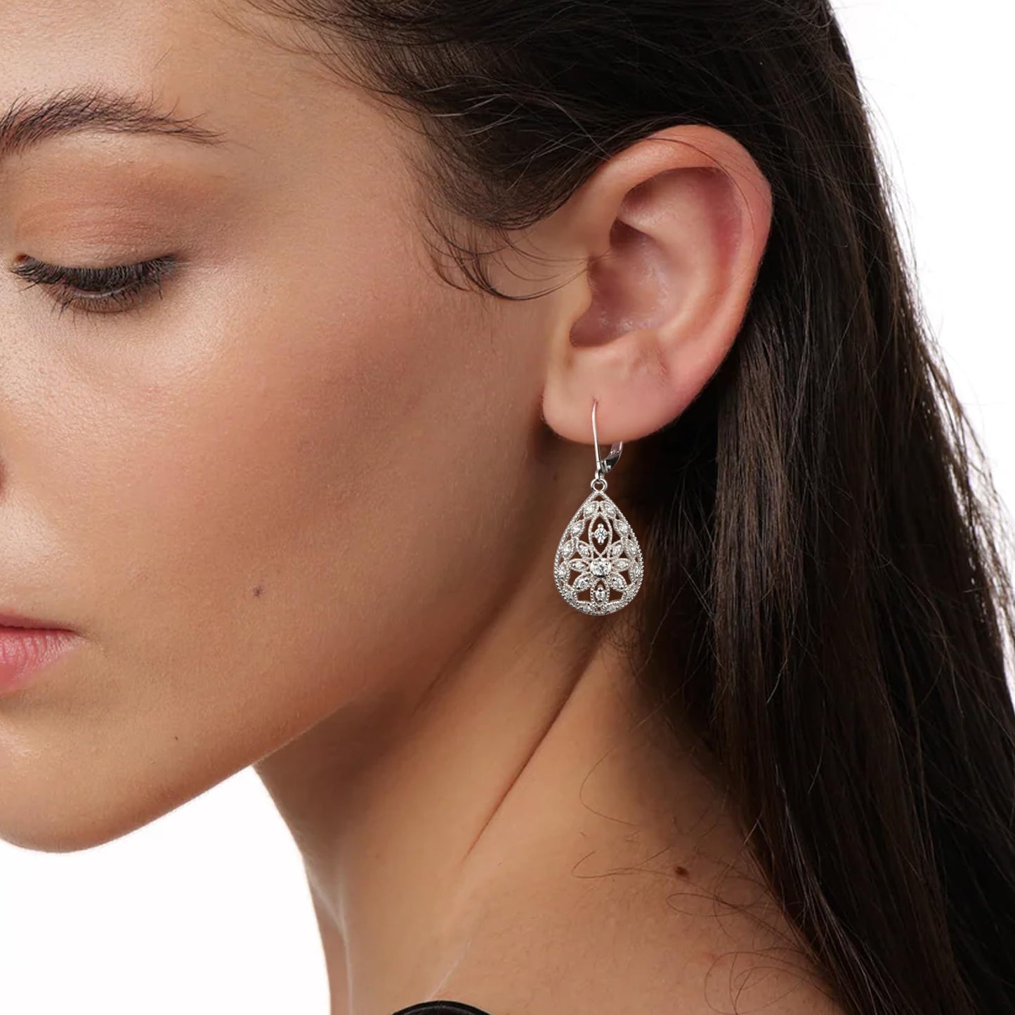 Sterling Silver Earrings Filigree Dangle Drop Leverback Earrings for Women Cubic Zirconia Drop Earring Hypoallergenic Leverback Teardrop Dangle Filigree Earrings Silver Jewelry for Gifts