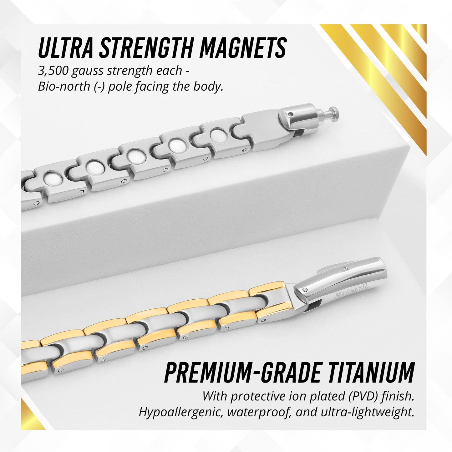 MagnetRX Titanium Magnetic Necklace – Ultra Strength Magnetic Necklaces for Women & Men – Effective Titanium Necklace with 55 Magnets (Silver & Gold, 20 Inches)