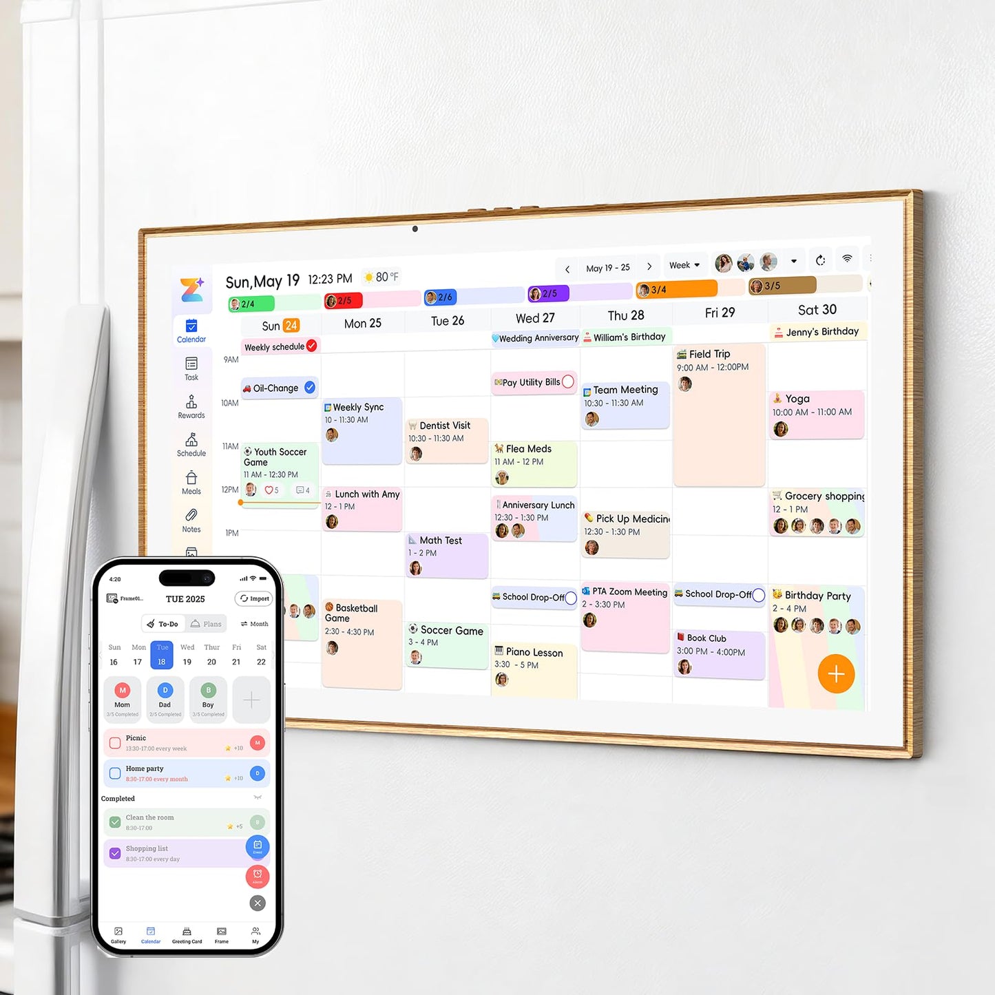 JSUSOU Magnetic Fridge Smart Digital Calendar 21.5" with FREE APP, Auto Sync Electronic Planner for Desk & Wall Touch Screen, Magnetic Refrigerator Mounted, Mothers Day Gifts for Mom, Teak Wood Grain