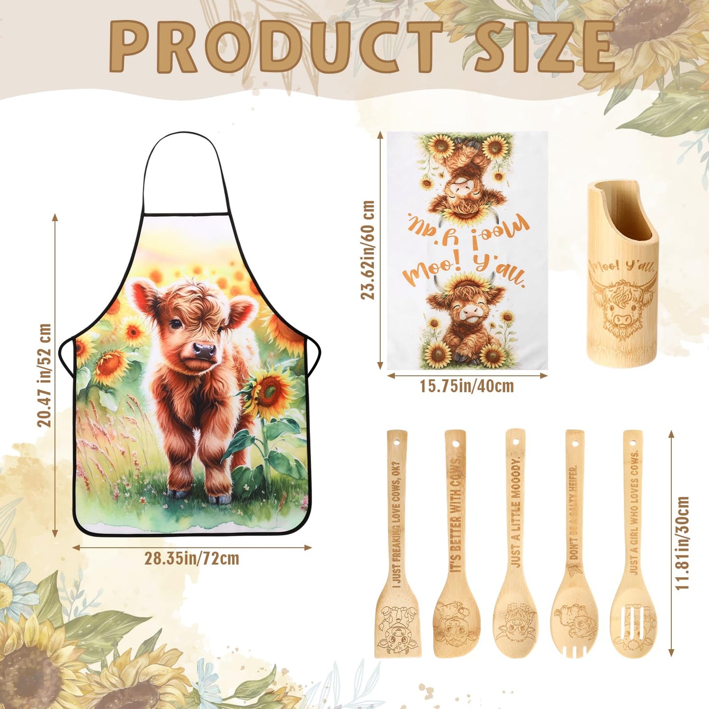 Zhehao 8 Pcs Highland Cow Kitchen Decor Cooking Utensils Set 4 Bamboo Spoons with 1 Utensil Holder 1 Towel 1 Apron Cow Gifts for Women Kitchen Bathroom Home Decorations Housewarming Gifts